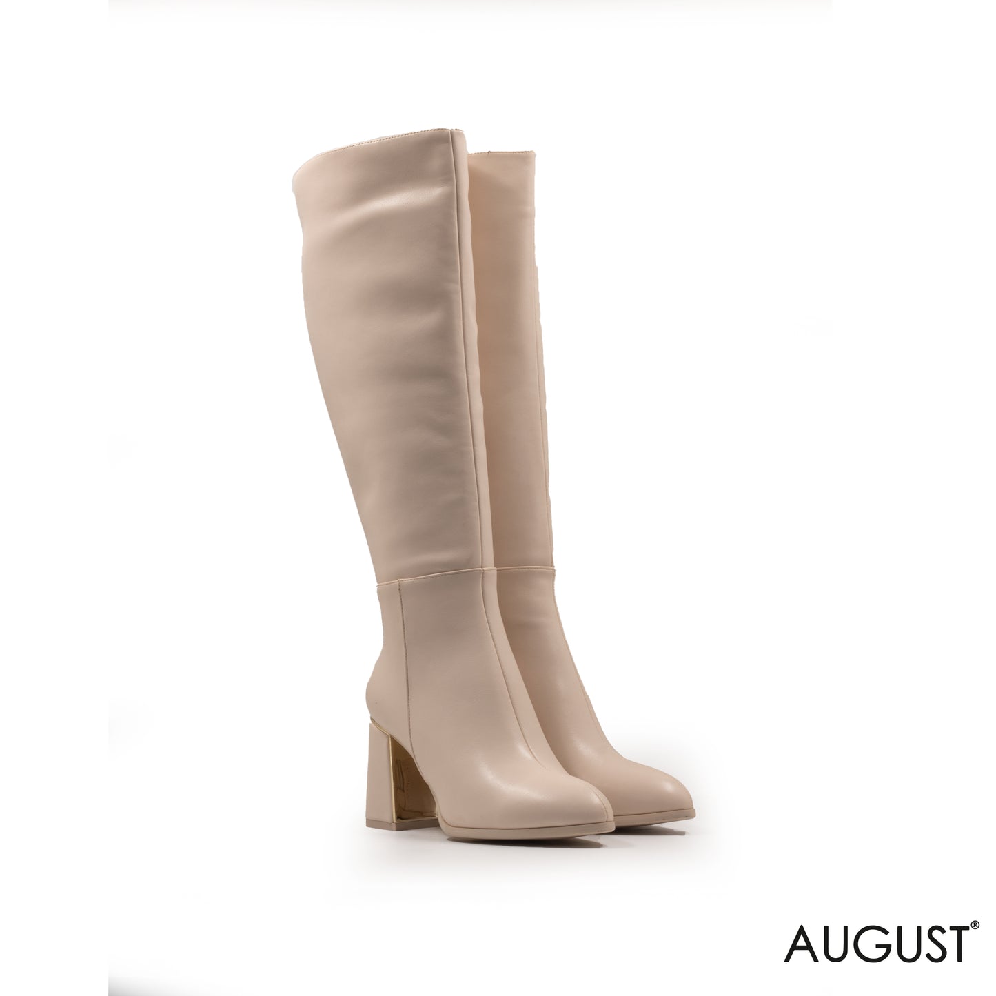 BLOCK HEEL LEATHER BEIGE BOOTS