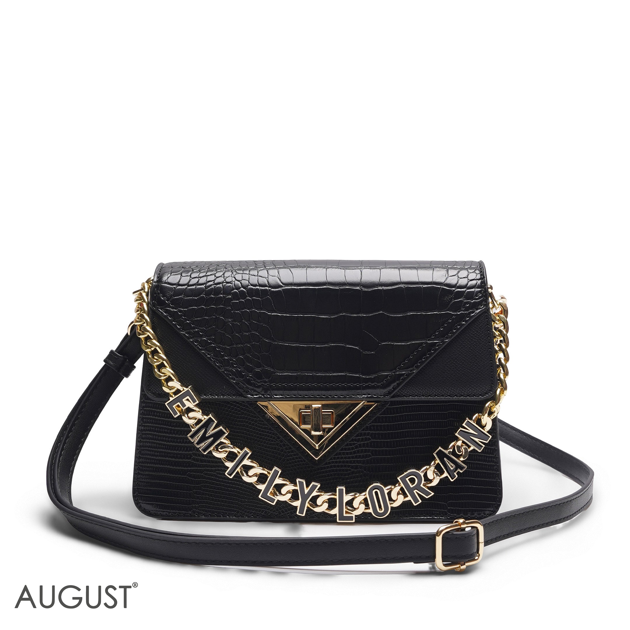 EMILY LORAN SOLID BLACK CROCODILE ENVELOPE BAG - MED