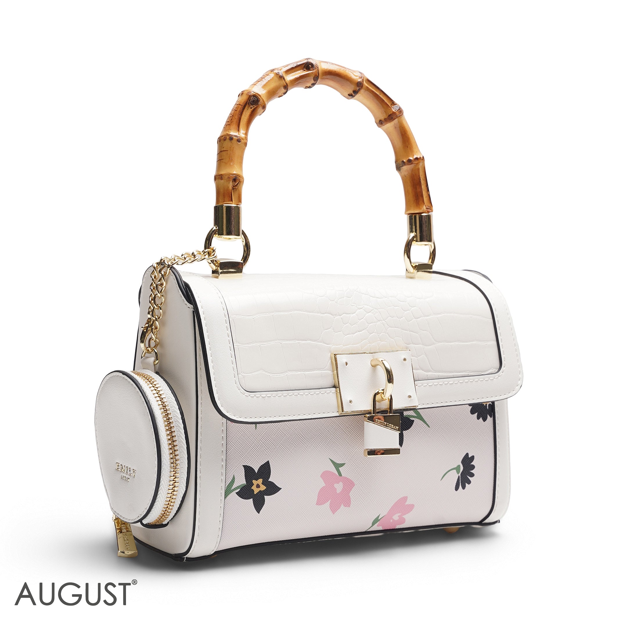 WHITE FLORAL BAMBOO HANDLE BAG WITH ROUND POUCH