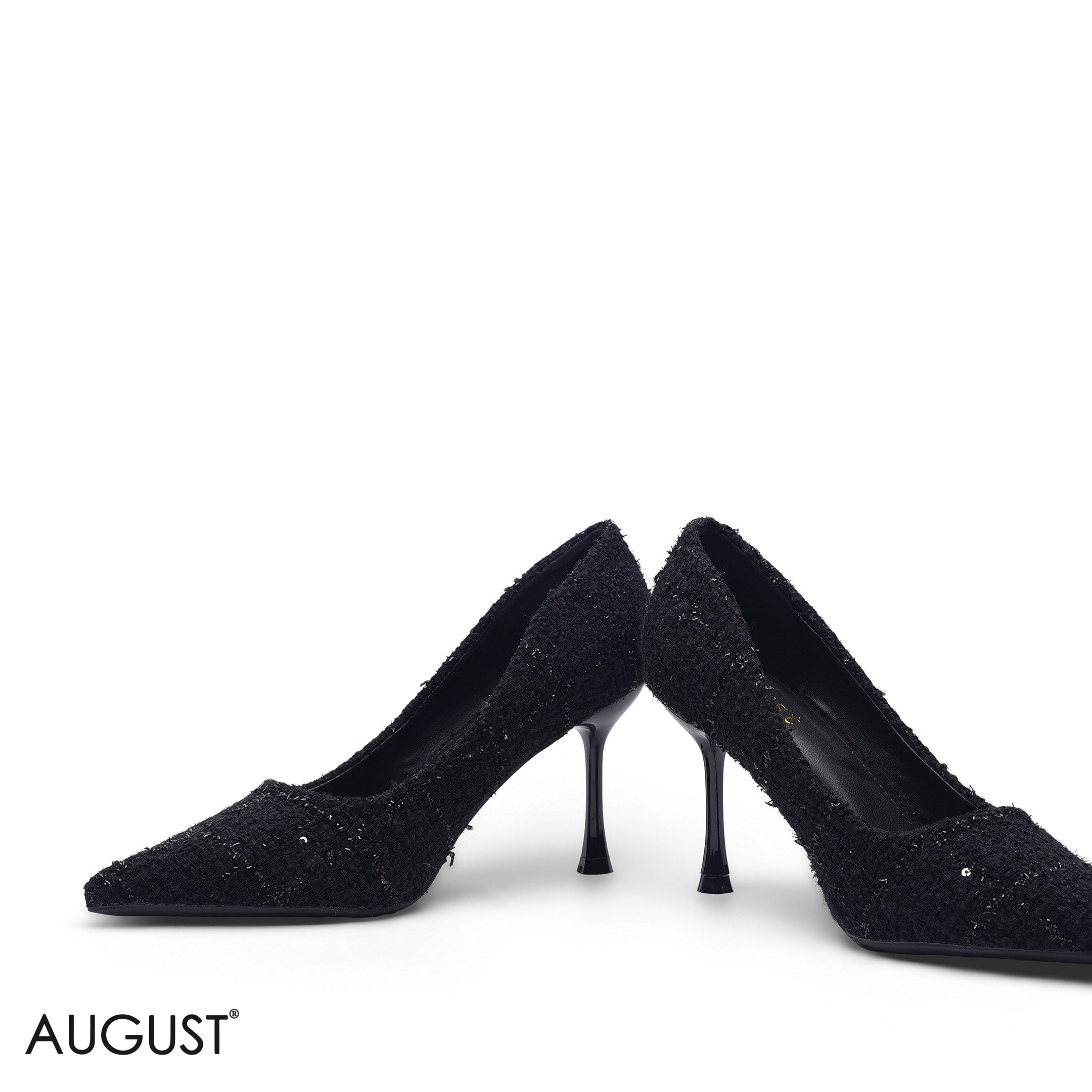BLACK TWEED FABRIC POINTED-TOE CLASSIC STILETTO HEELS