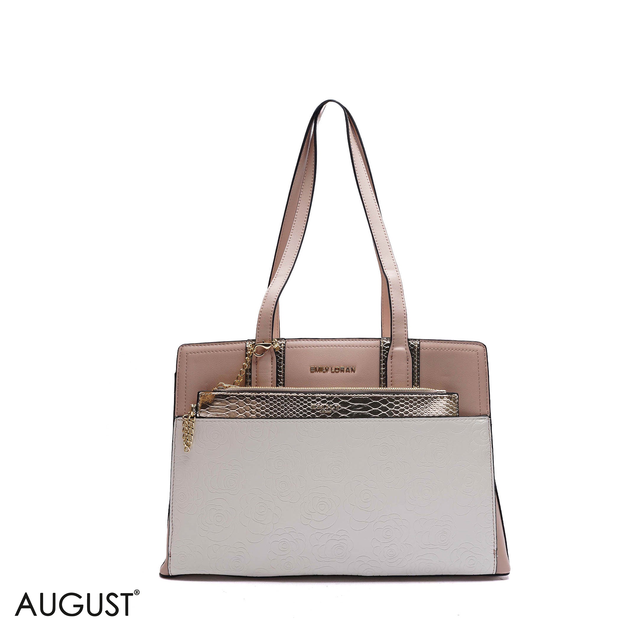 EMBOSSED FLORAL HANDBAG WITH SNAKESKIN POUCH