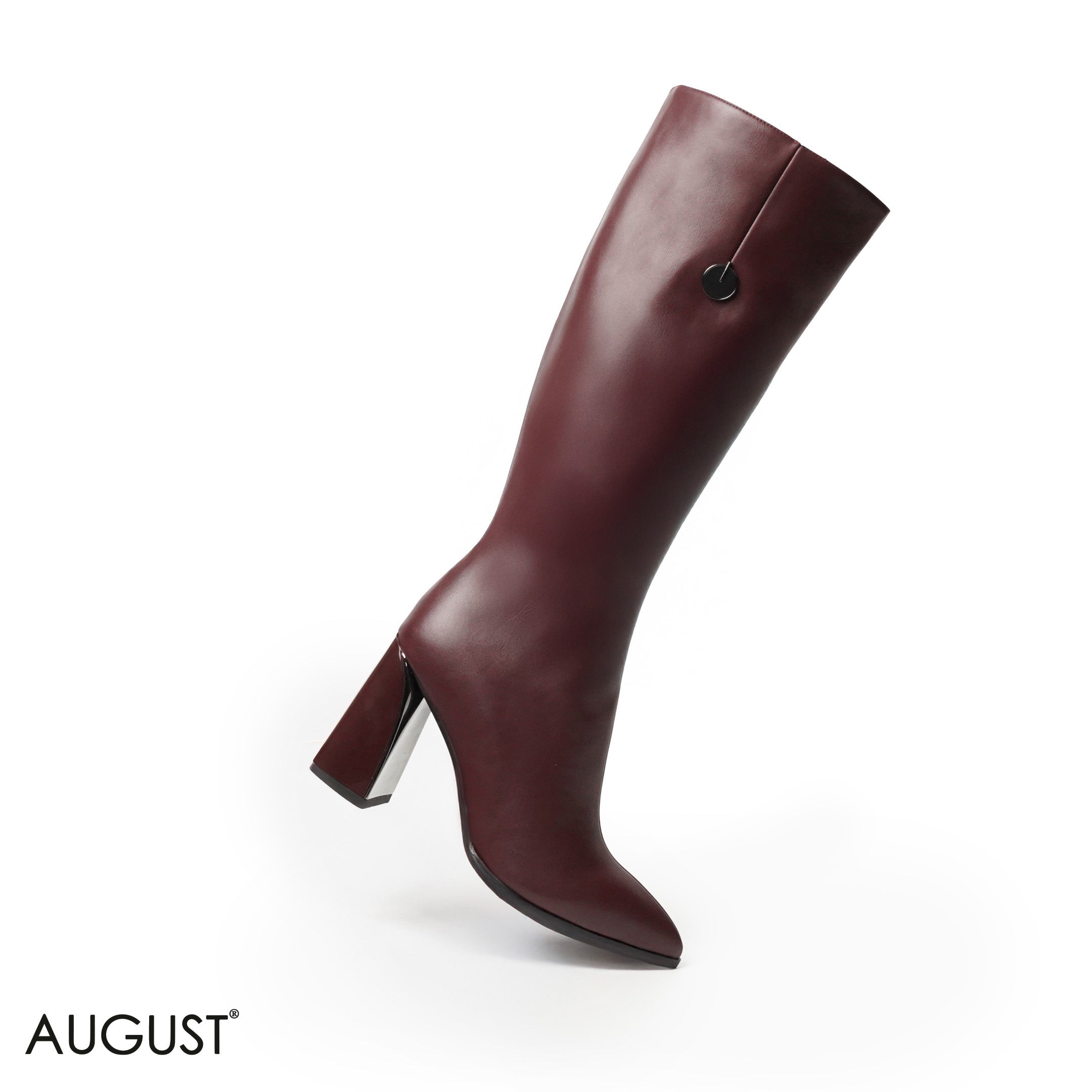 MAROON LEATHER HEELED LONG BOOTS WITH SIDE ZIPPER
