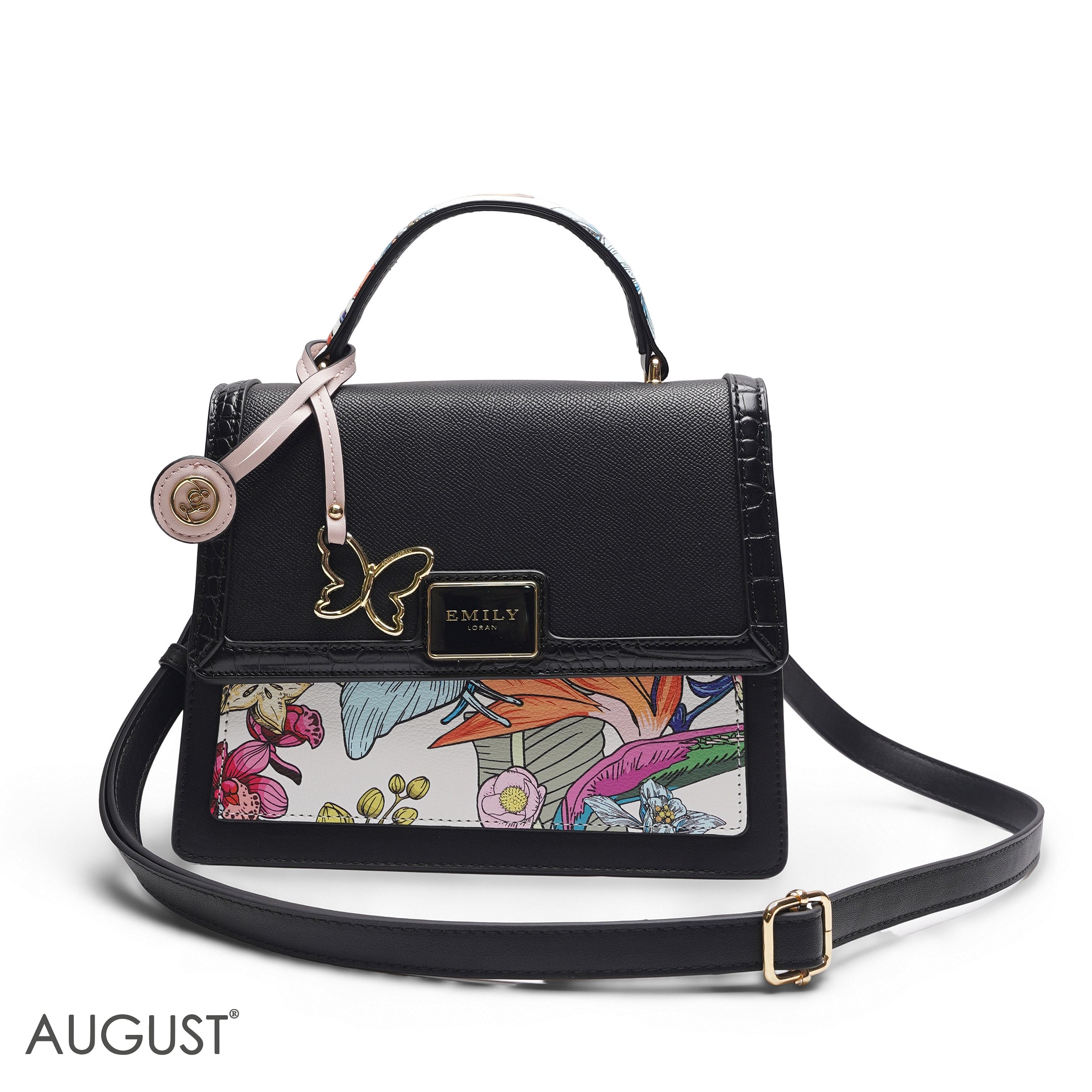EMILY SOLID BLACK TROPICAL SATCHEL BAG WITH BUTTERFLY CHARM - MED