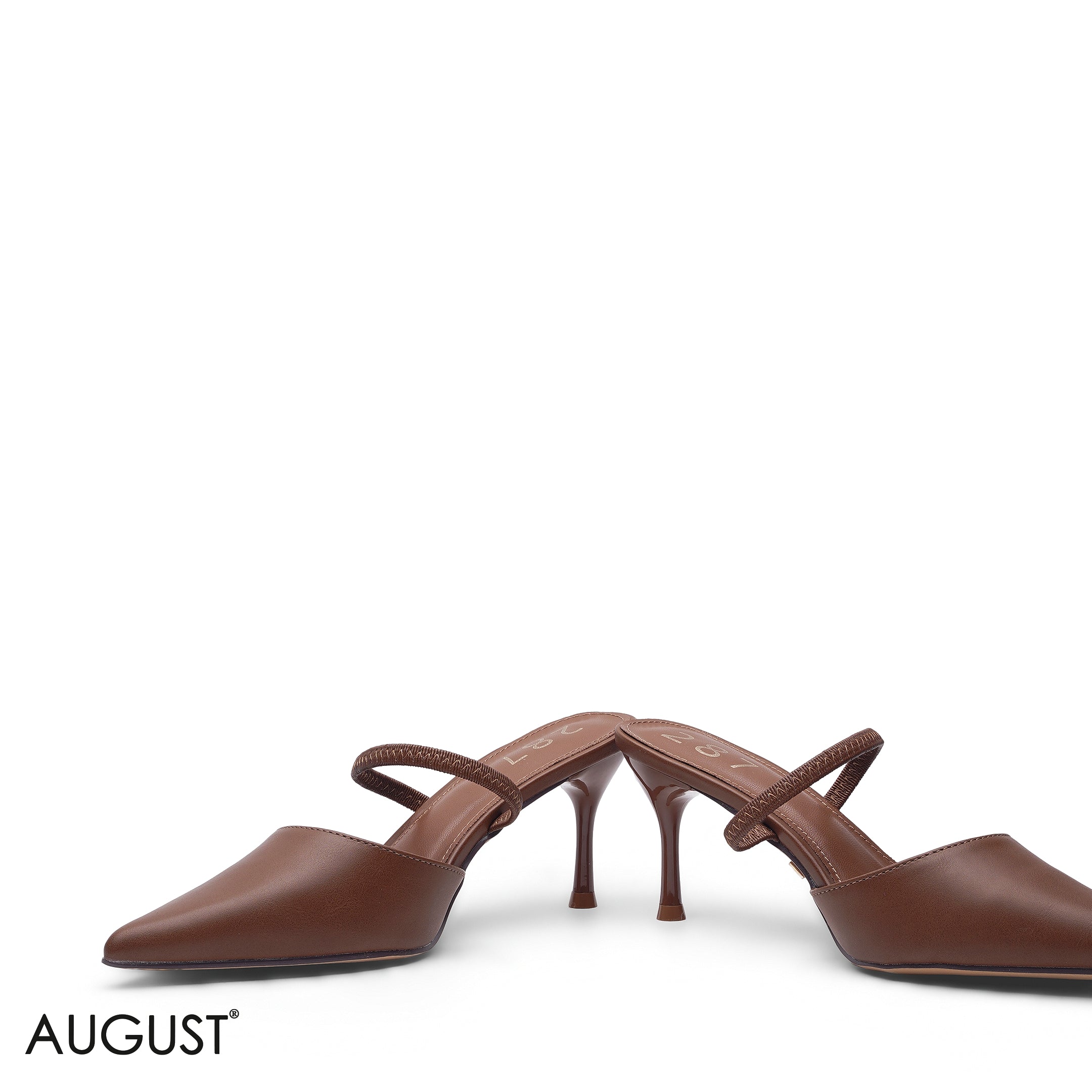 BROWN SMOOTH LEATHER ELASTIC STRAP POINTED TOE HEELS
