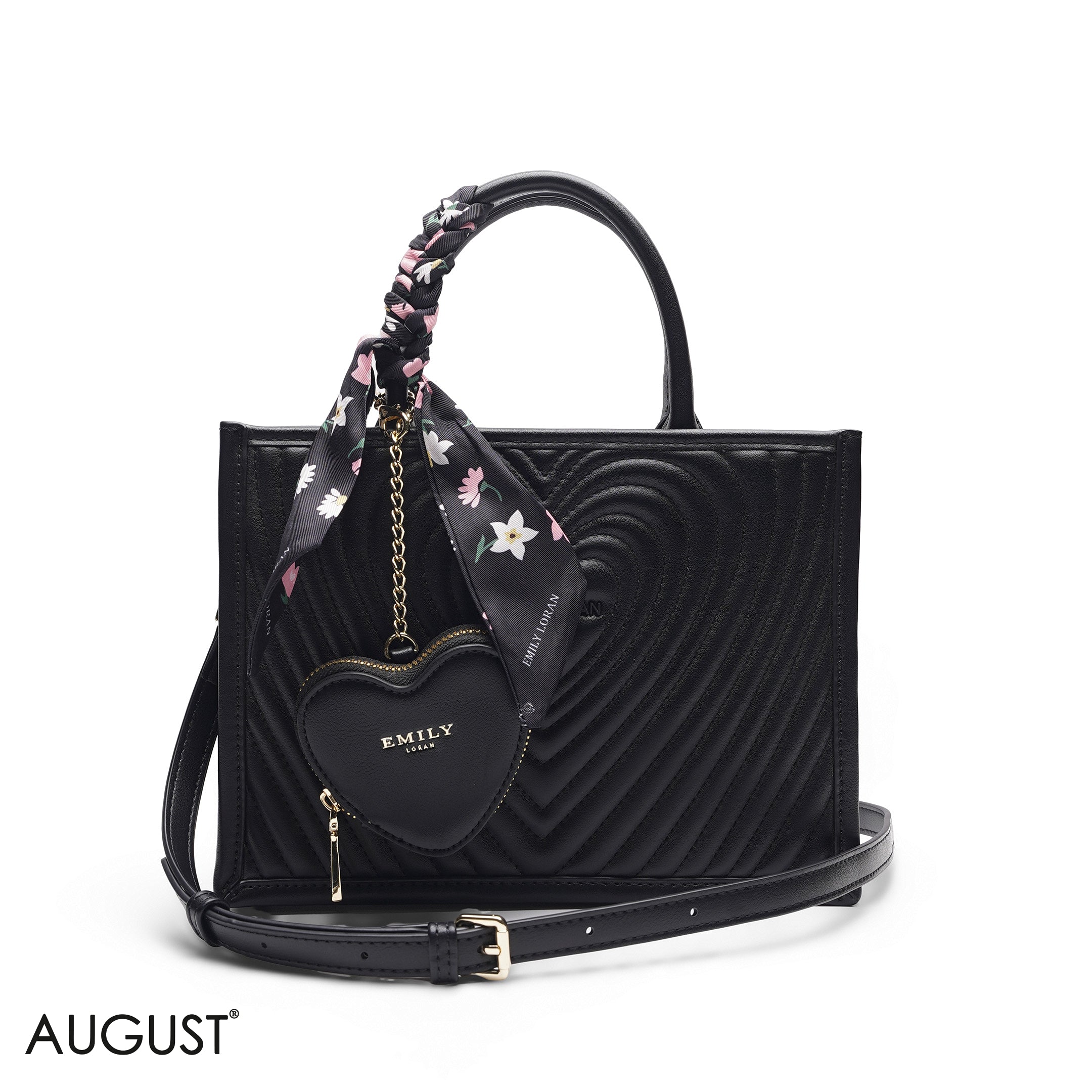 HEART QUILTED FLORAL SCARF BLACK TOTE BAG
