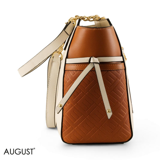 CREAMY LEATHER SHOULDER BAG WITH CAMEL CROC ACCENTS - LARGE