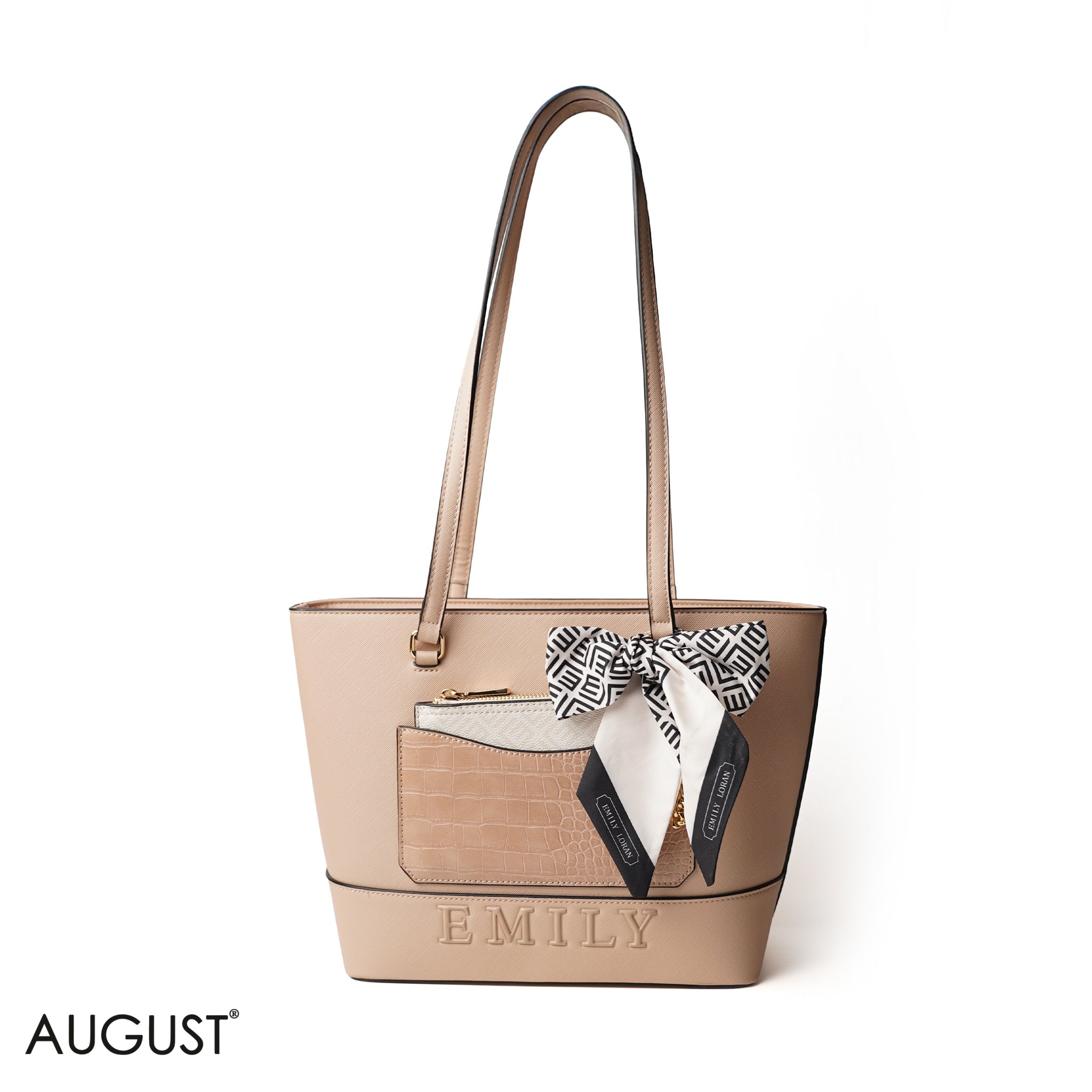 BEIGE LEATHER SHOULDERS BAG WITH LOGO EMILY ACCENT, SCARF - LARGE