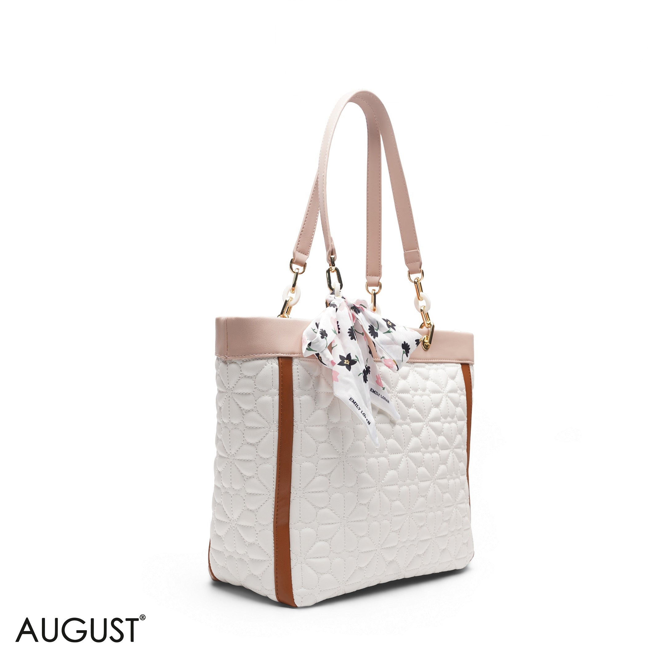 NUDE WHITE TOTE BAG WITH FLORAL SCARF - LARGE