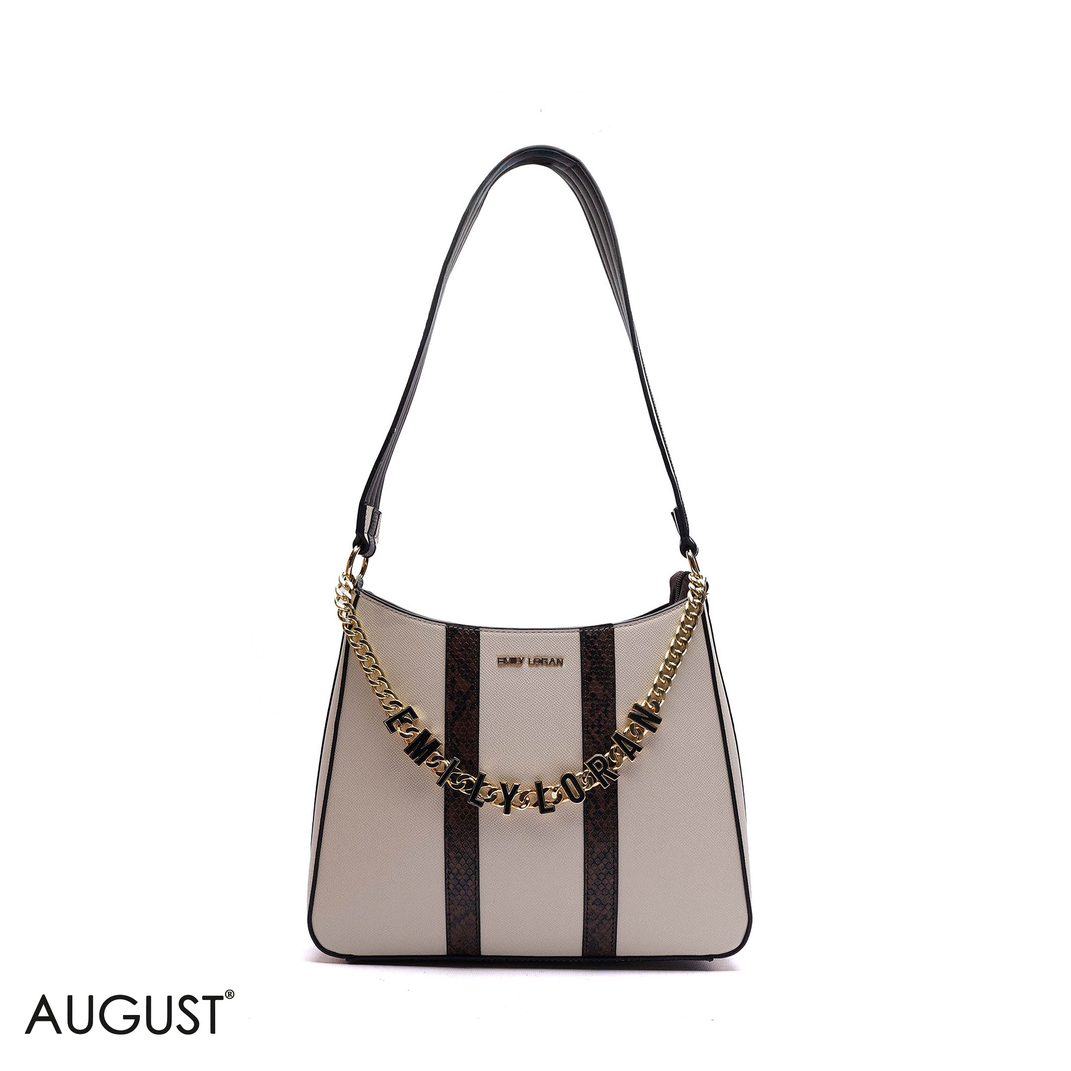 BEIGE SHOULDER BAG WITH LOGO CHAIN