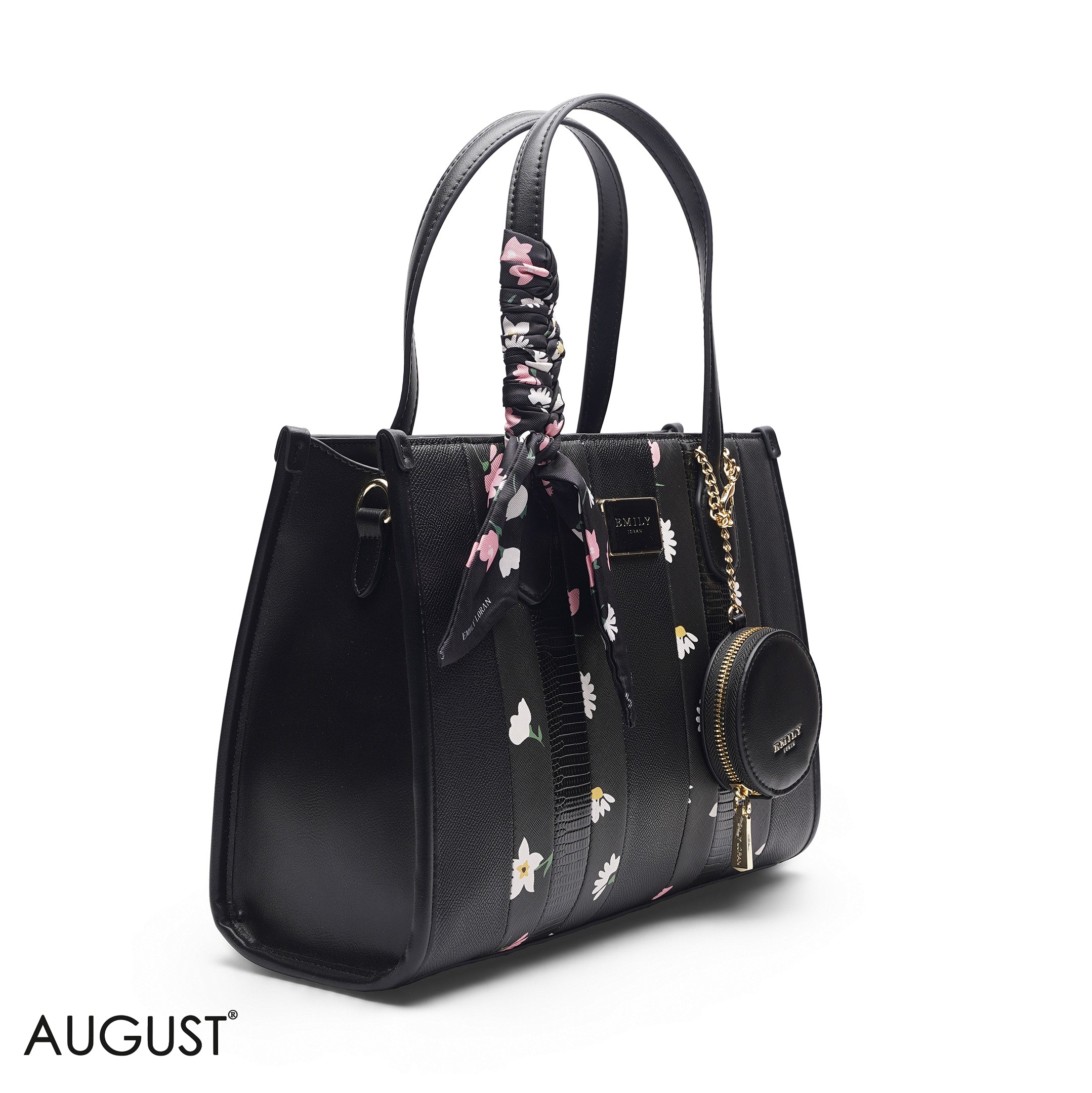 BLACK FLORAL TOTE WITH POUCH - LARGE
