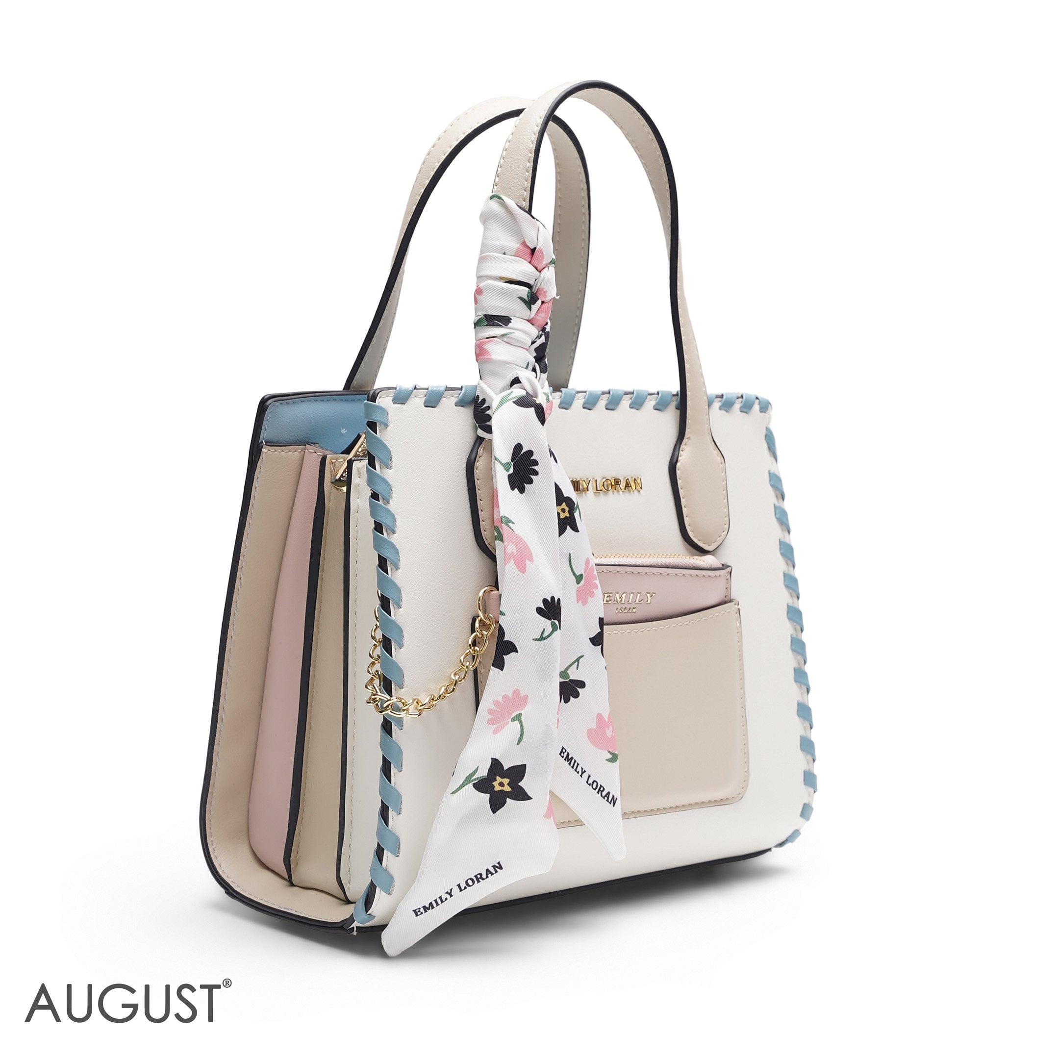 WHITE & BEIGE TOTE WITH PINK POUCH