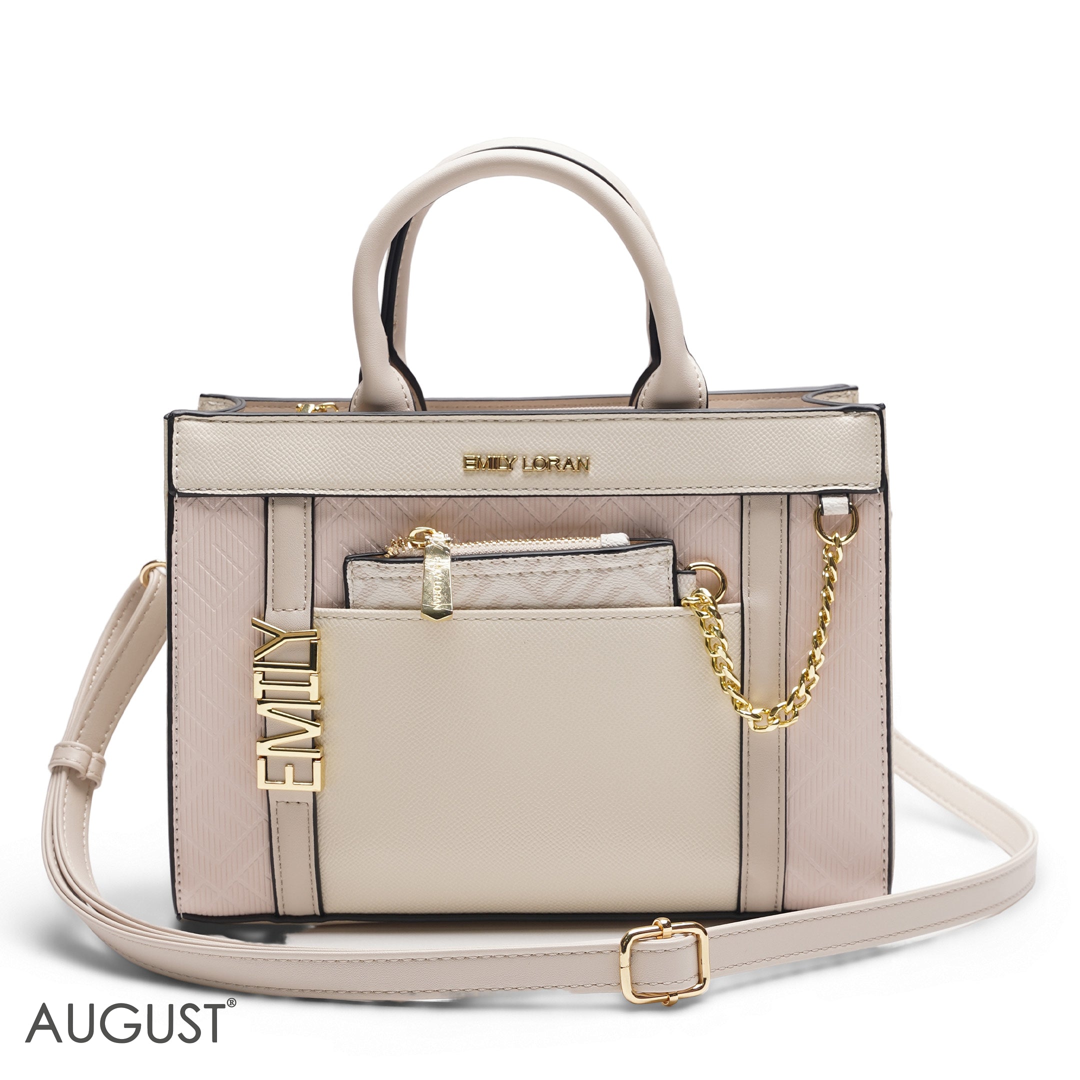 EMILY BEIGE & PINK EMBOSSED TOTE BAG - MED