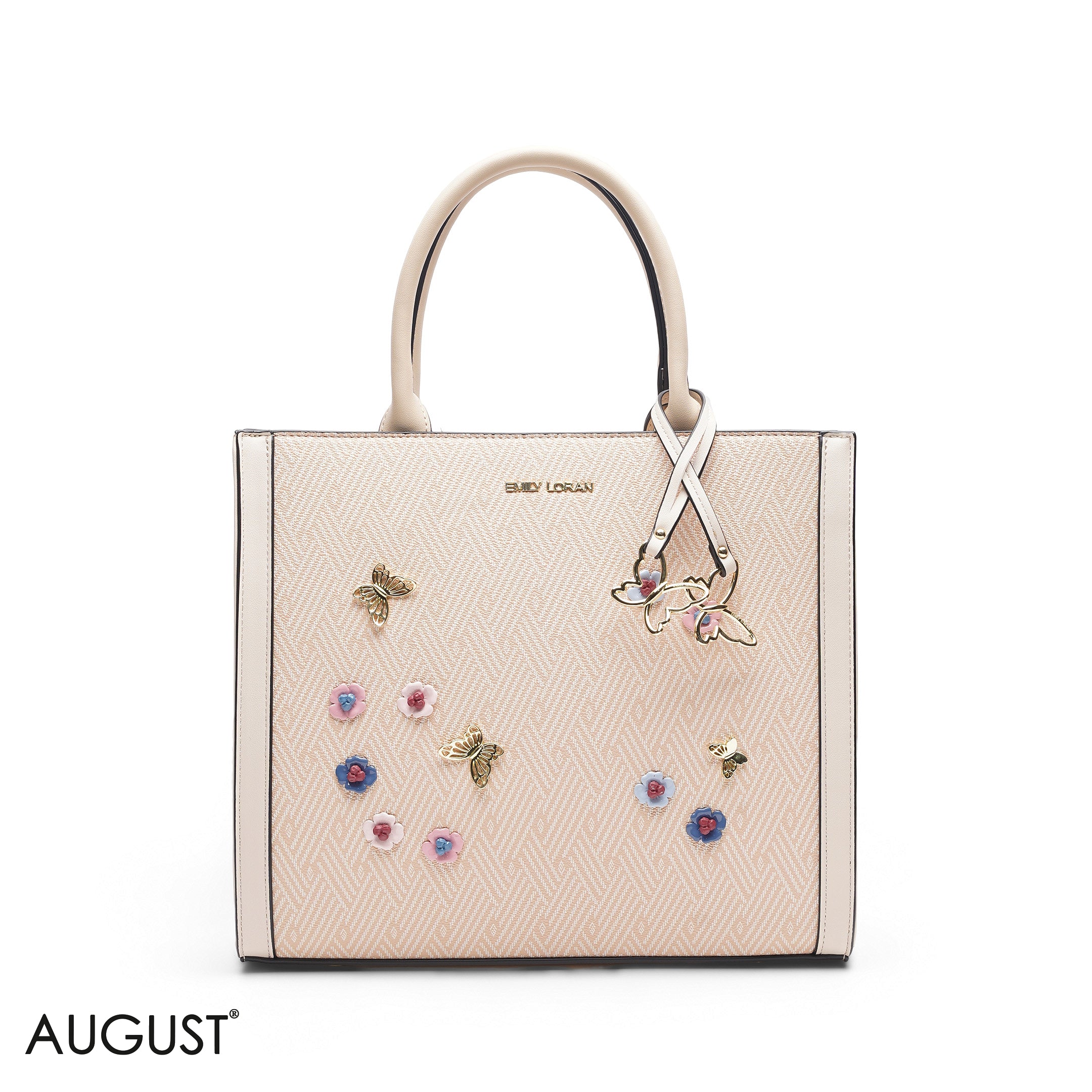PEACH SQUARE TOTE WITH FLORAL APPLIQUÉS - LARGE