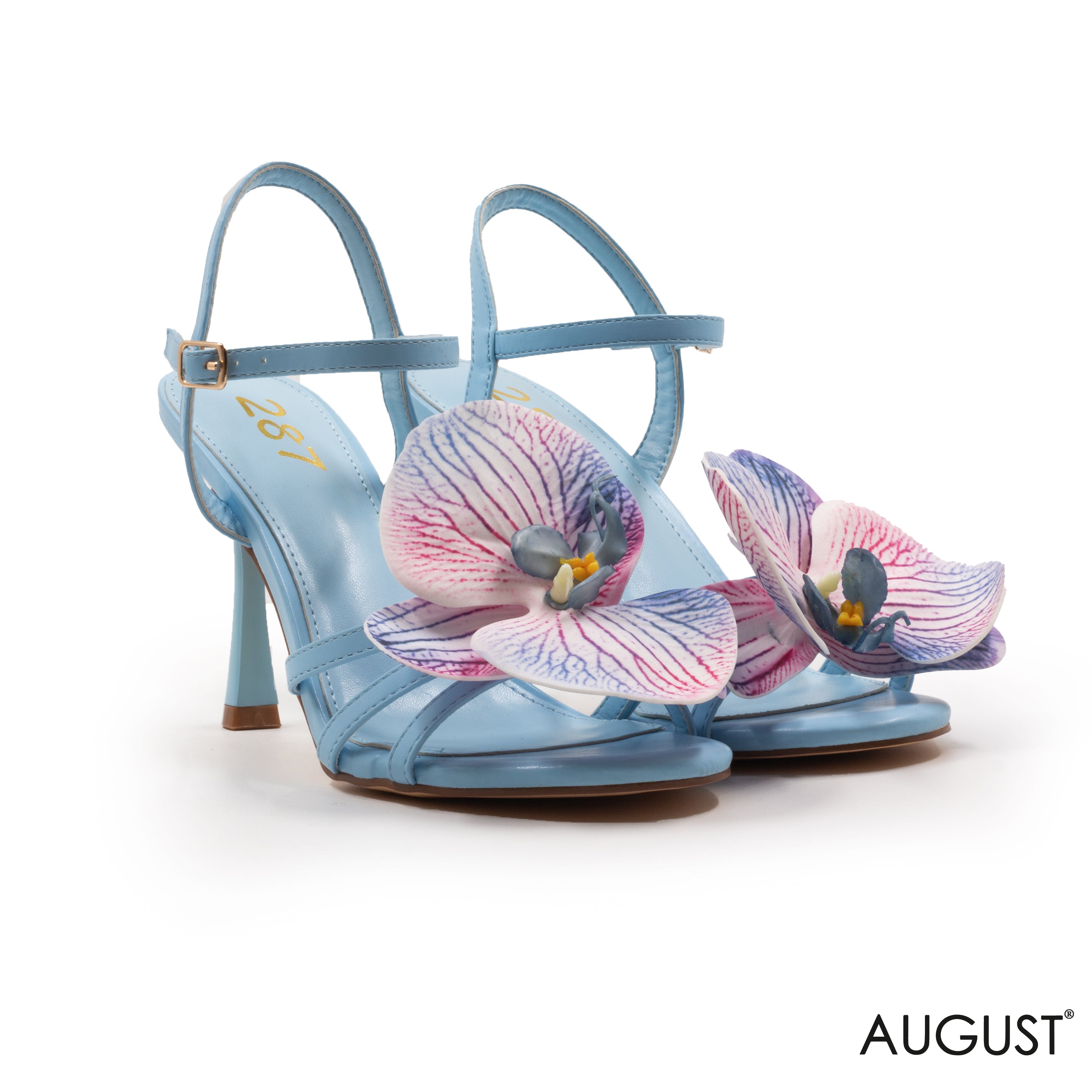 BLUE LEATHER HEELED SANDAL WITH DETAILS FLOWER
