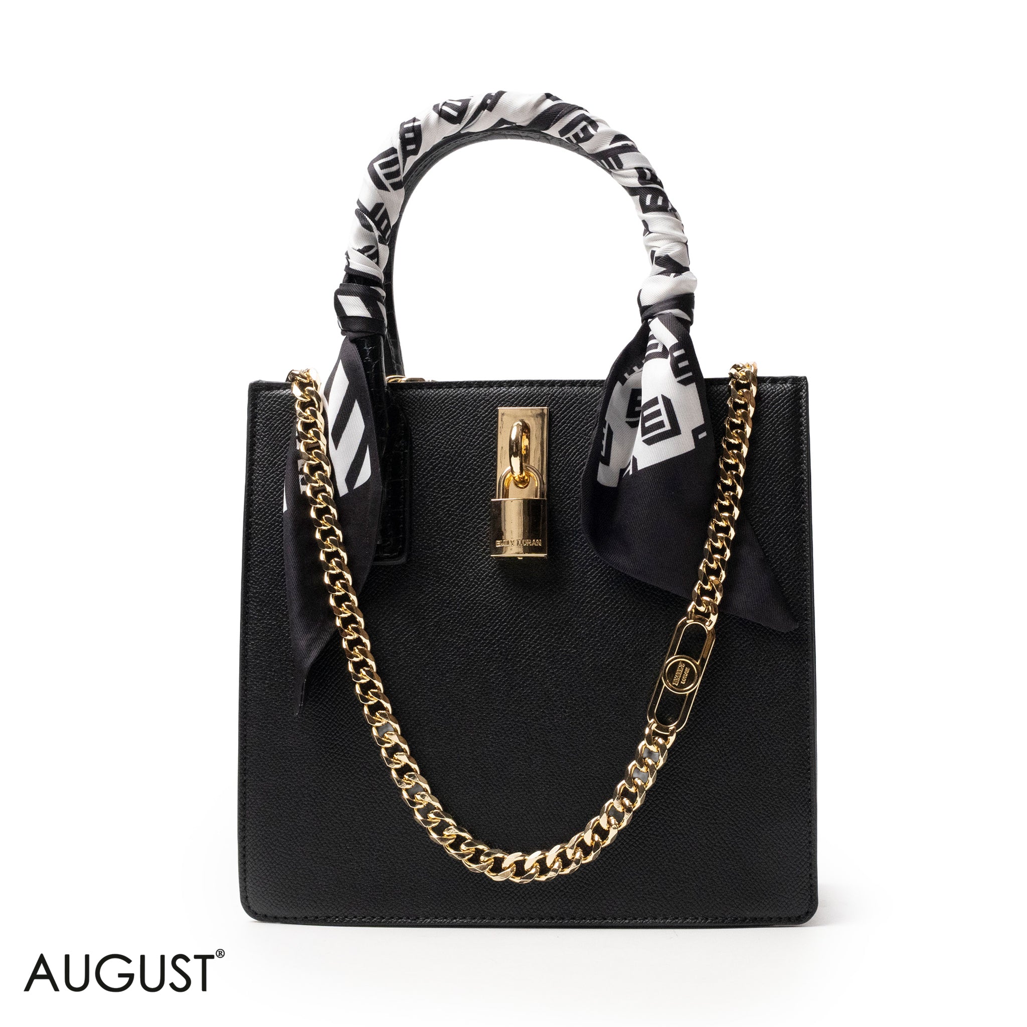 BLACK LEATHER HANDBAG WITH SILKY SCARF, METAL CHAIN - MED