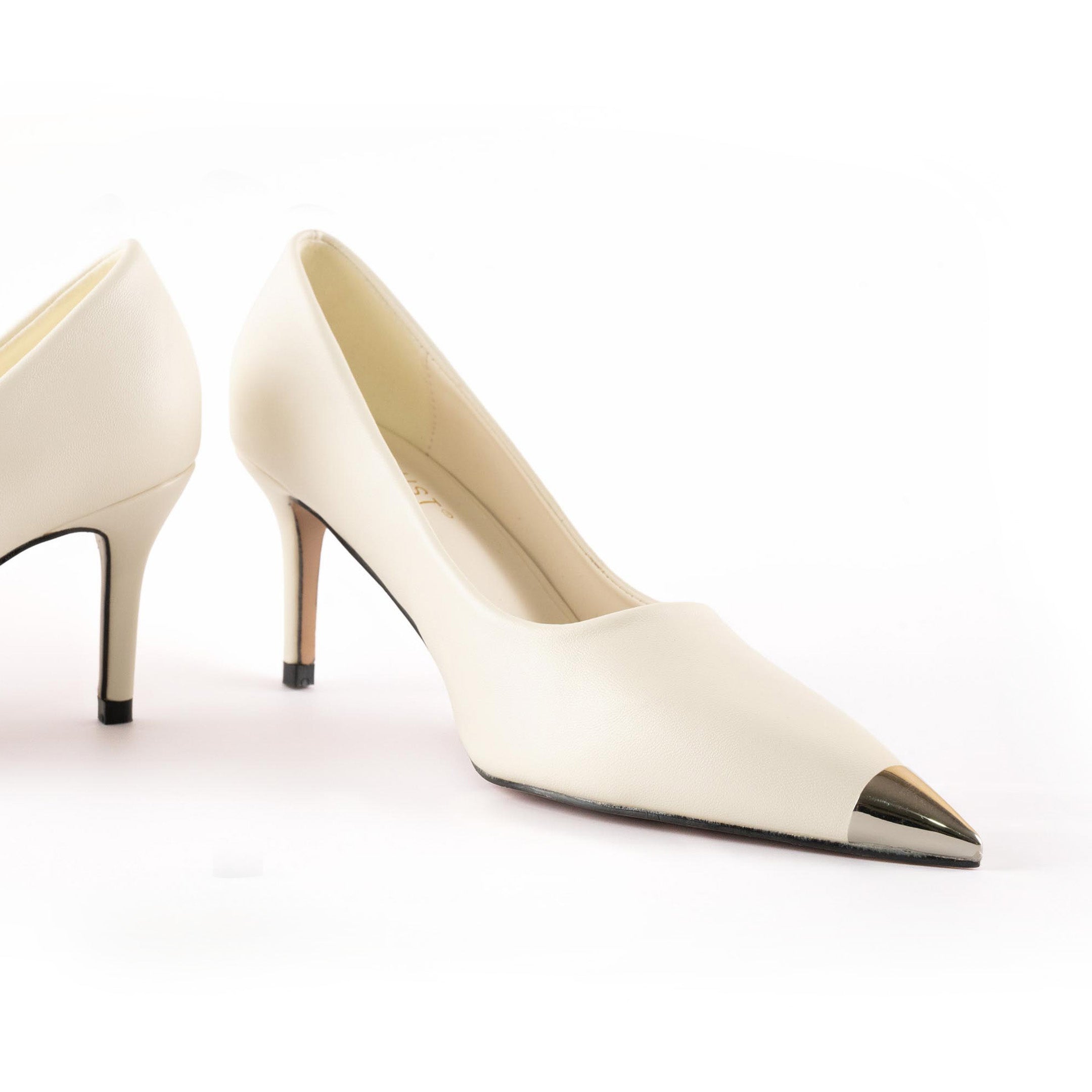 WHITE LEATHER MED- HEEL SHOES METALLIC POINTED TOE