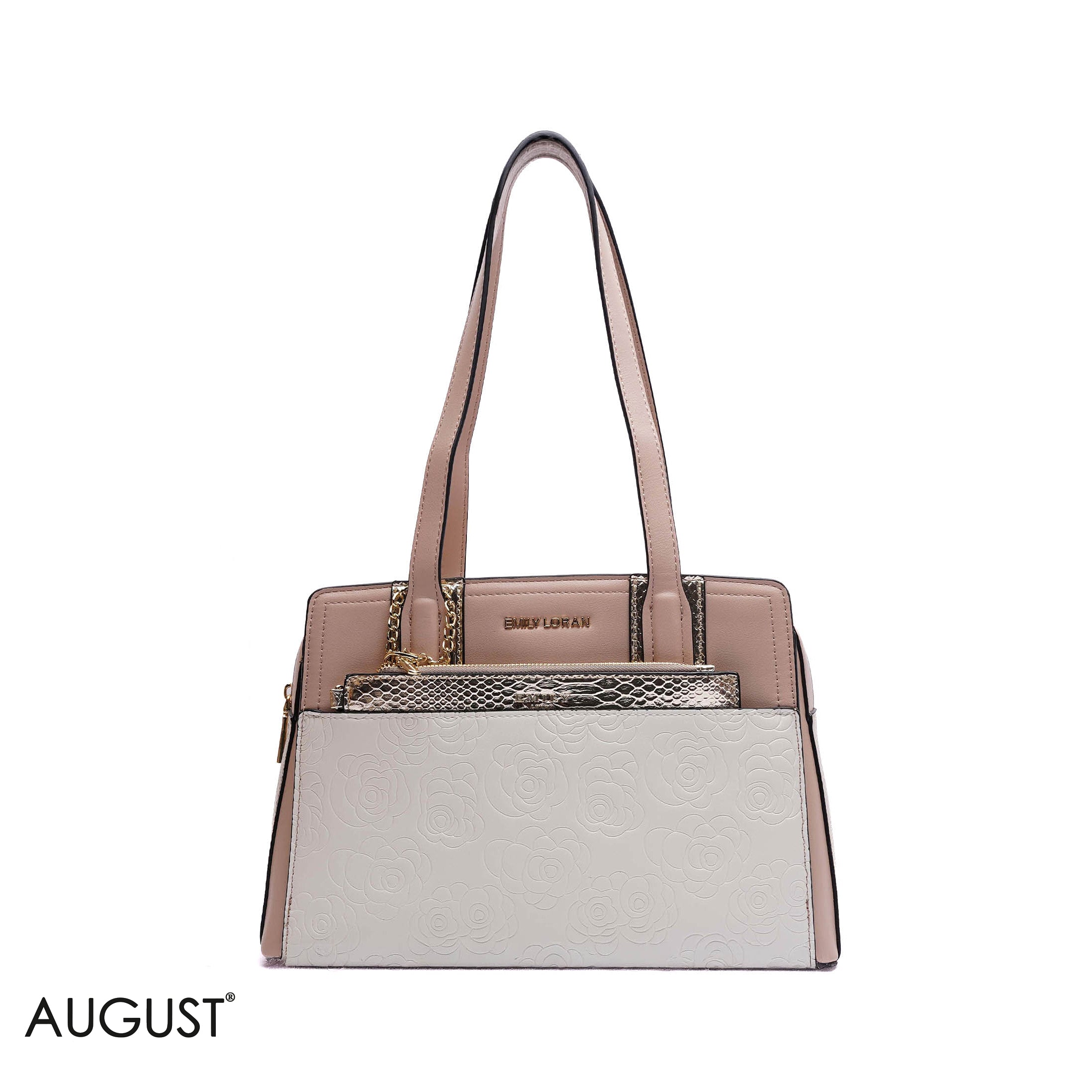 EMBOSSED FLORAL HANDBAG WITH SNAKESKIN POUCH - MED
