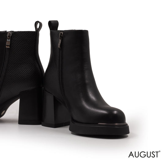 BLOCK HEEL LEATHER BLACK ANKLE BOOTS