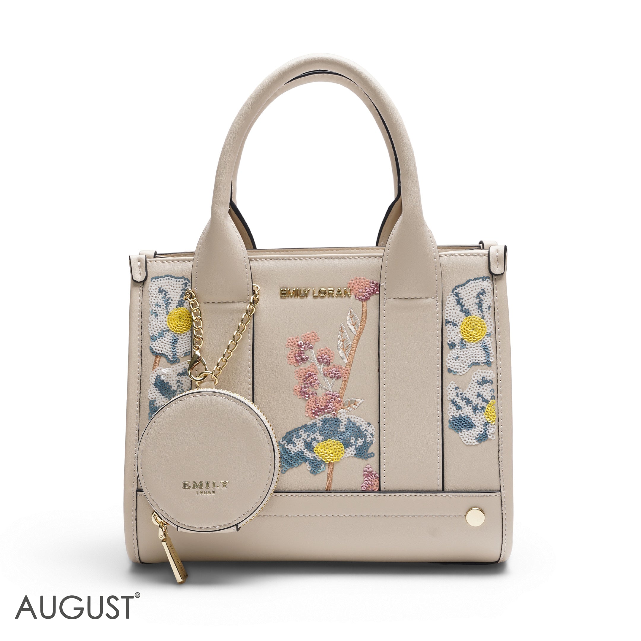 BEIGE SEQUIN FLORAL TOTE WITH ROUND POUCH