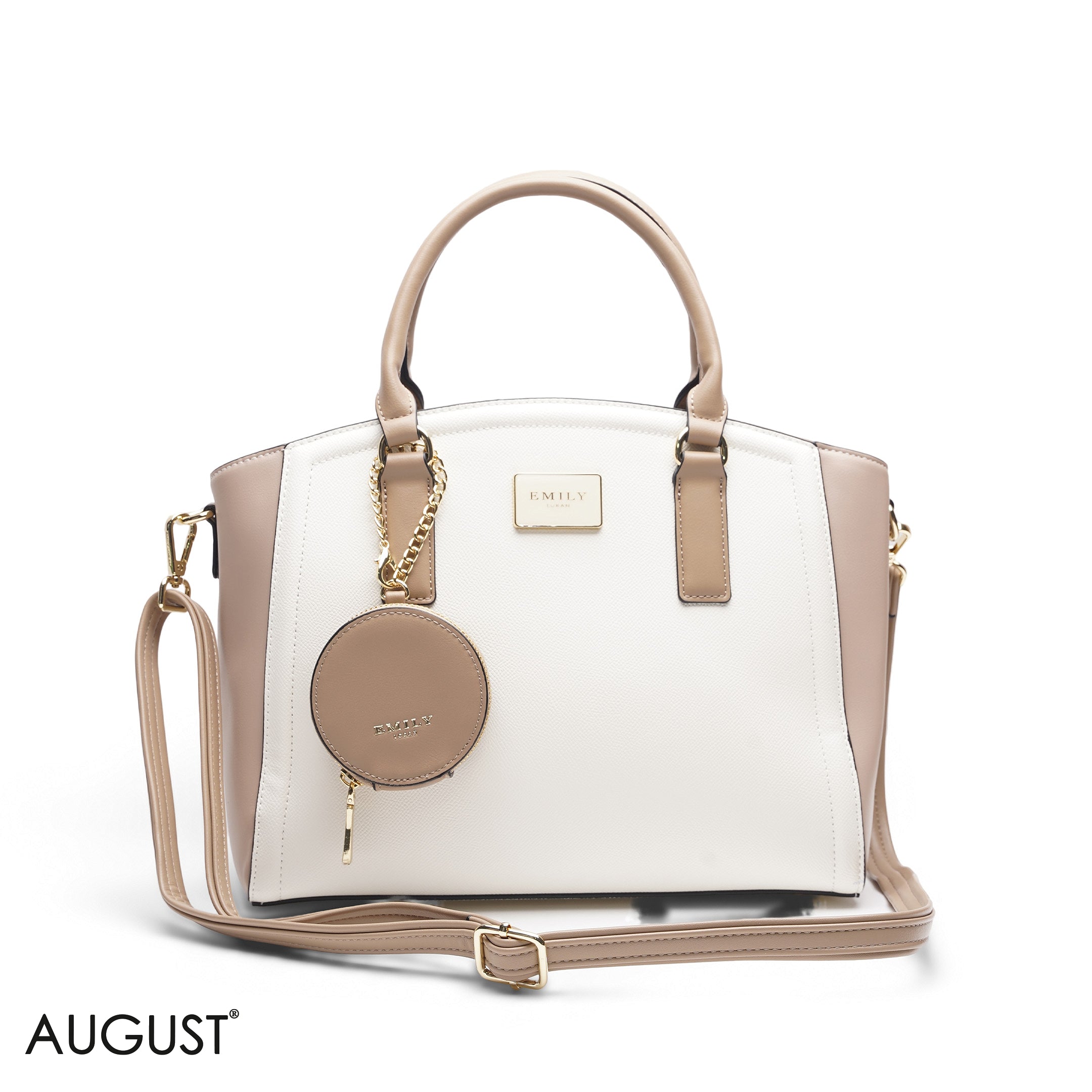 WHITE & TAN TOTE BAG WITH WALLET - LARGE