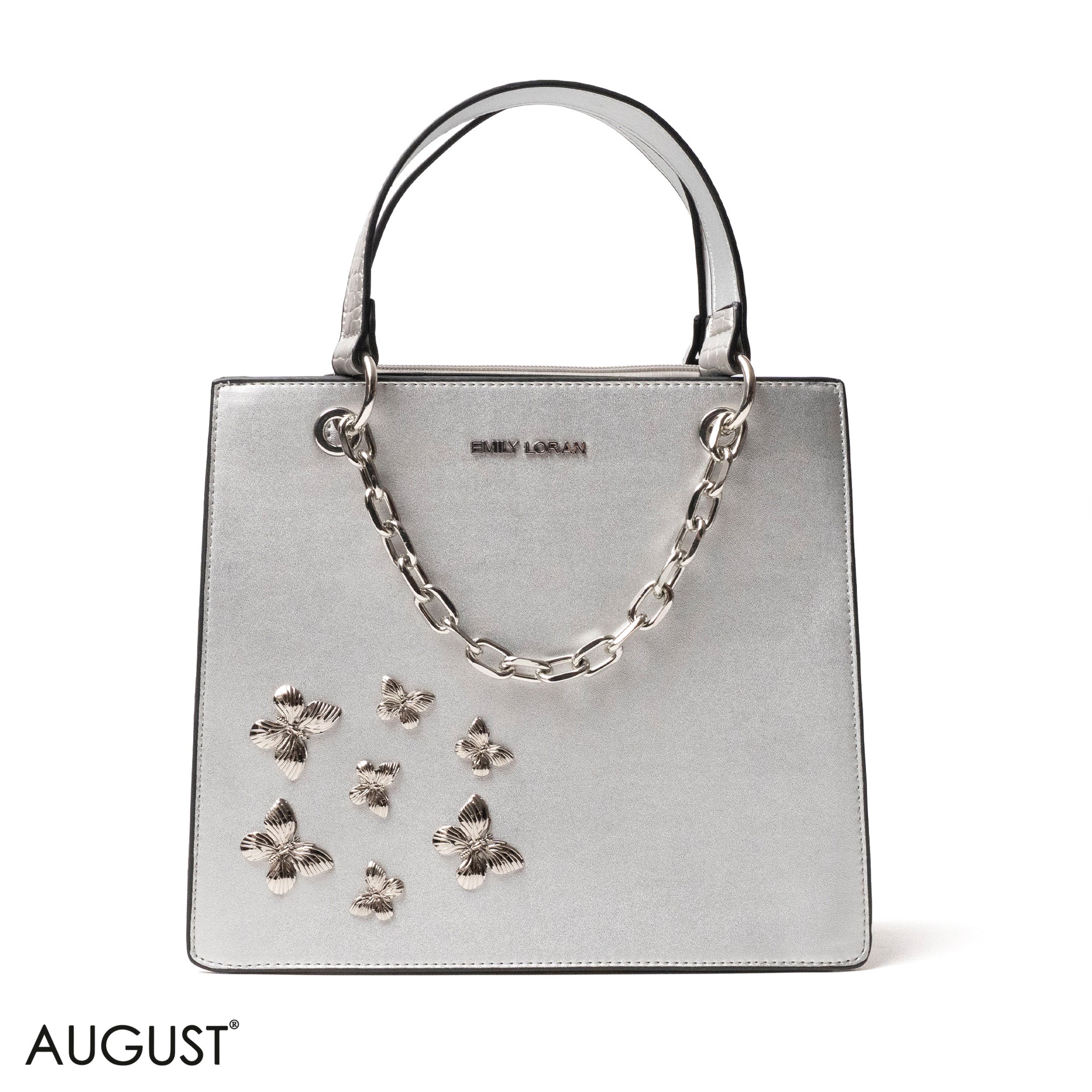 SILVER LEATHER HANDBAG WITH METAL CHAIN,BUTTERFLIES - MED