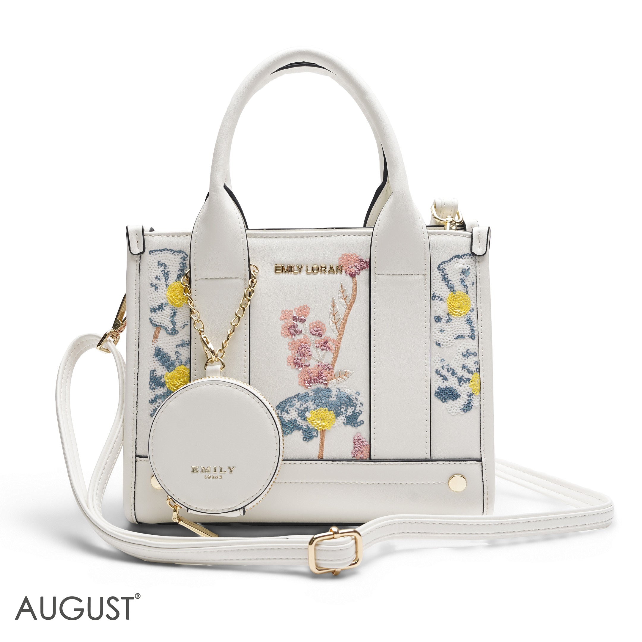 WHITE SEQUIN FLORAL TOTE WITH ROUND POUCH - MED