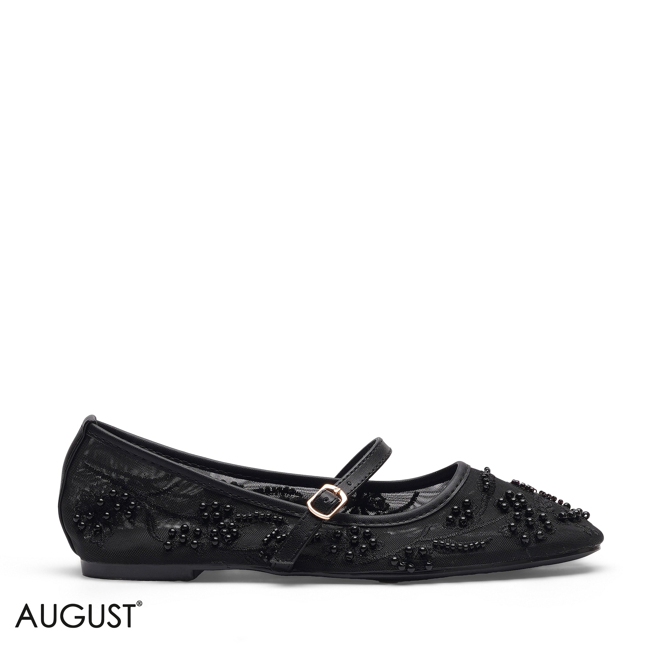 EMBROIDERED MESH BALLERINA FLAT WITH PEARL ACCENTS