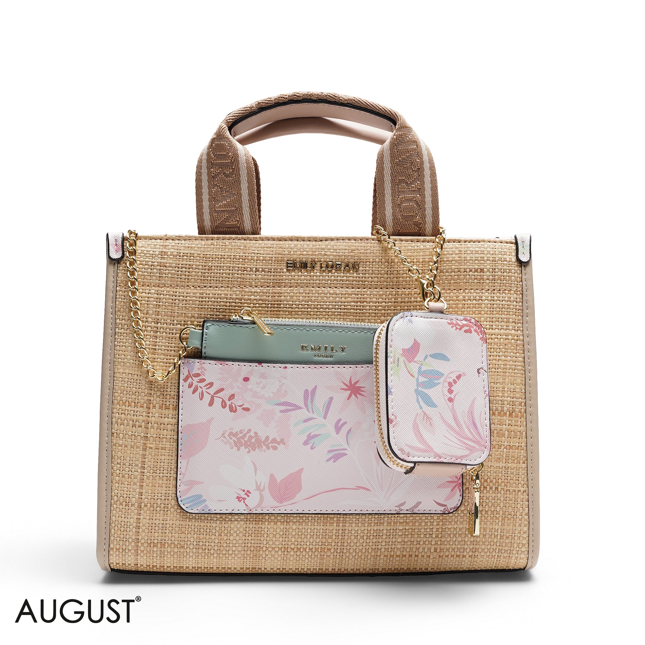 FLORAL STRAW MULTI-POUCH TOTE BAG SET