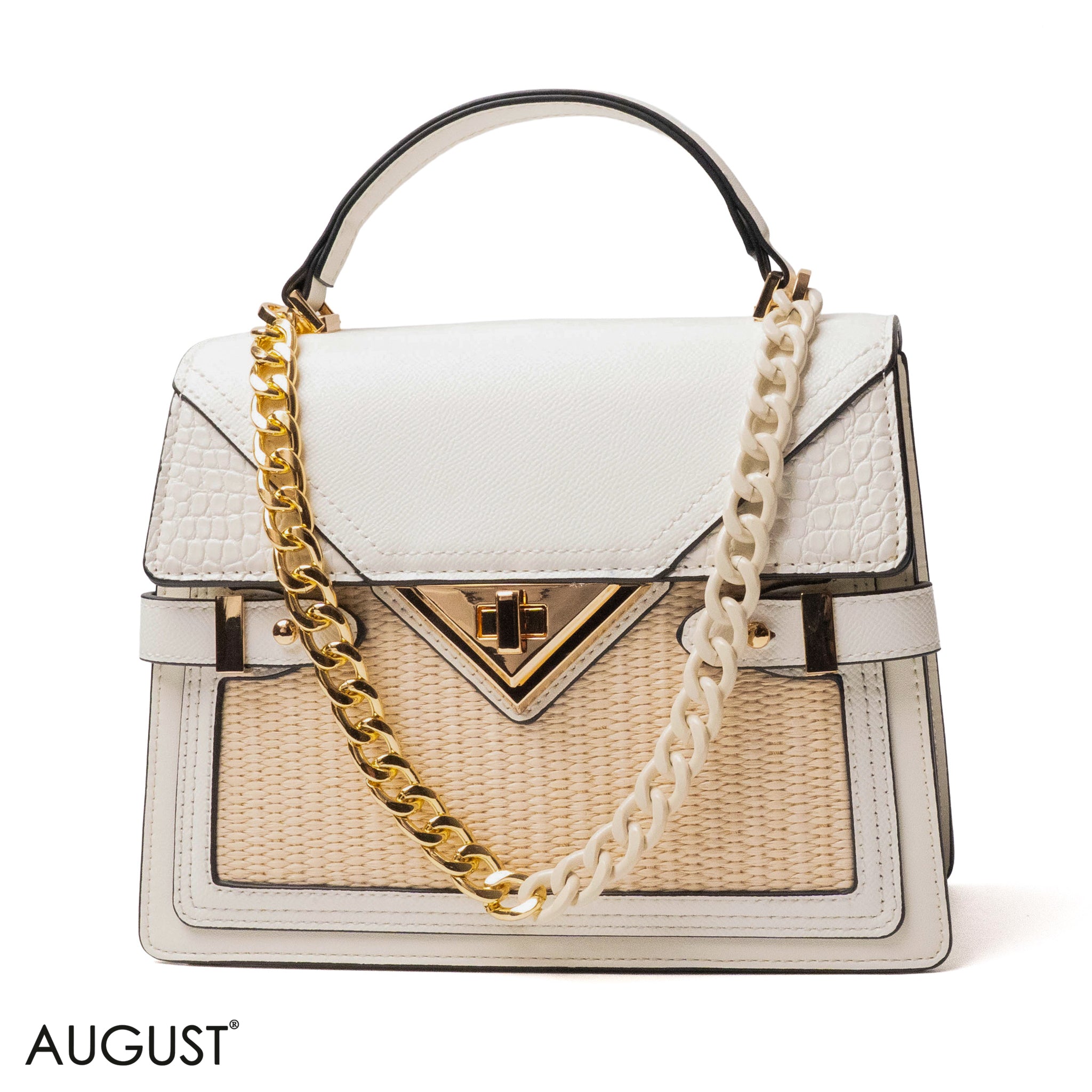 WHITE LEATHER HANDBAG WITH STRAW ACCENTS-MED