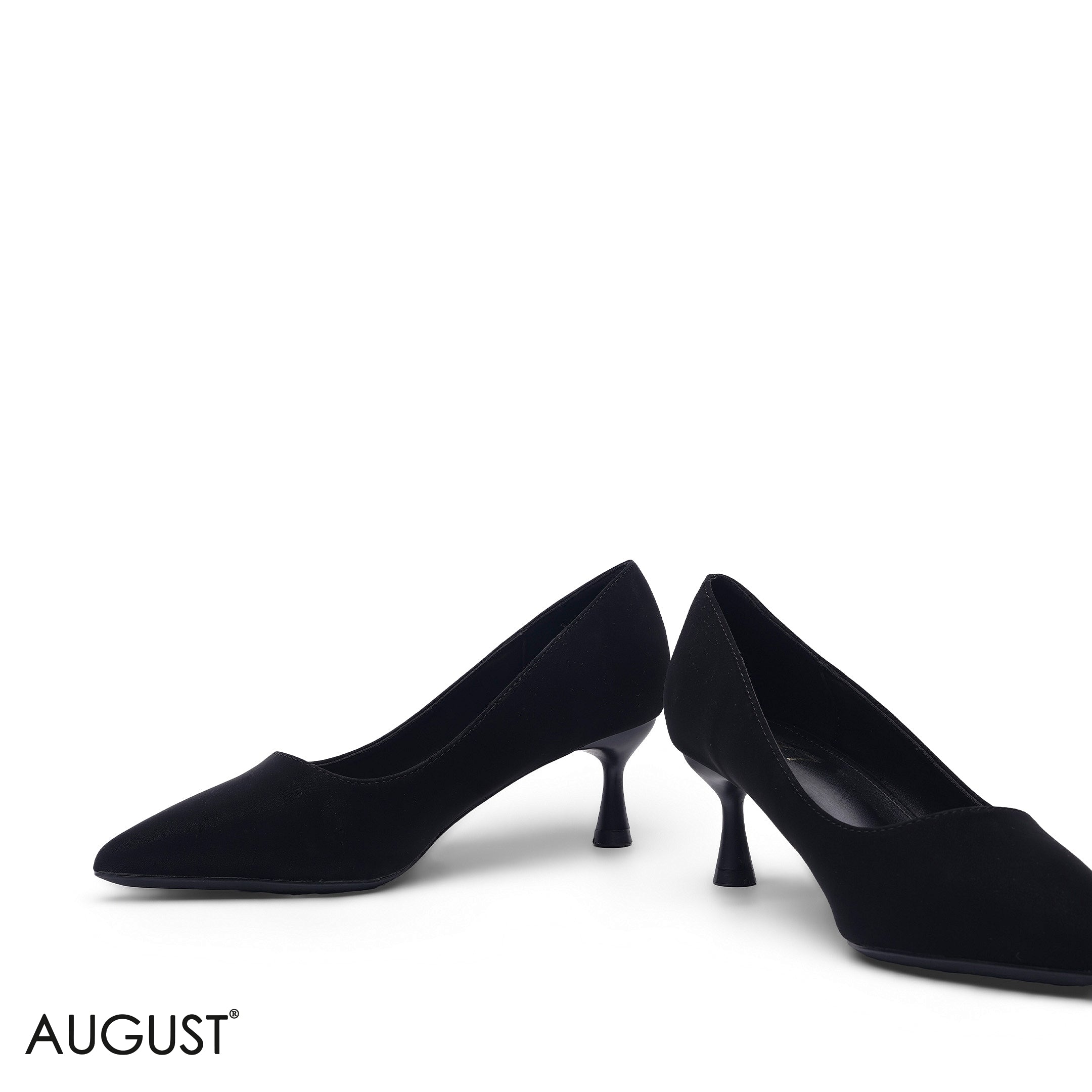 BLACK LEATHER POINTED-TOE MED-HEEL PUMPS
