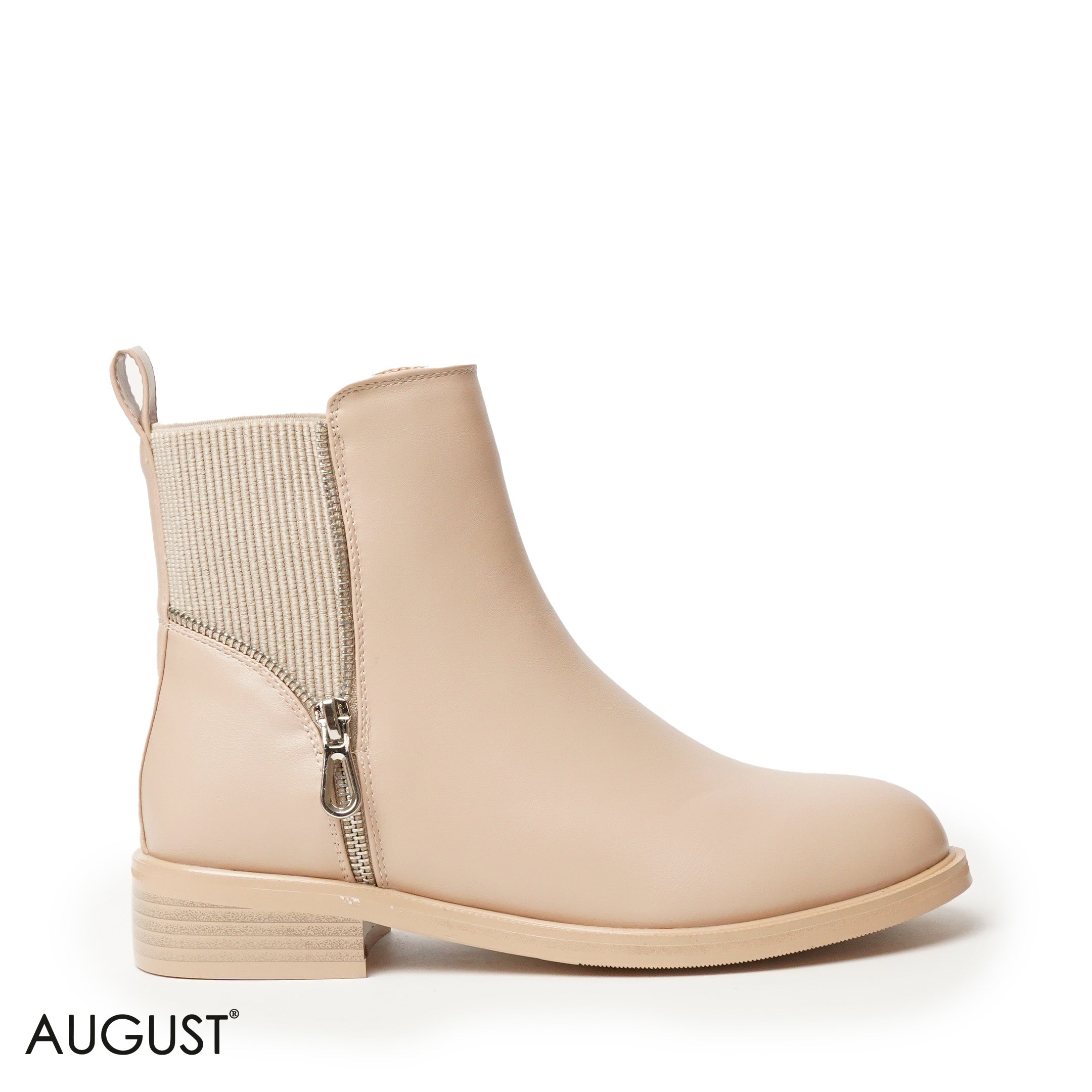 BEIGE LEATHER ANKLE BOOTS WITH ZIPPER DETAIL