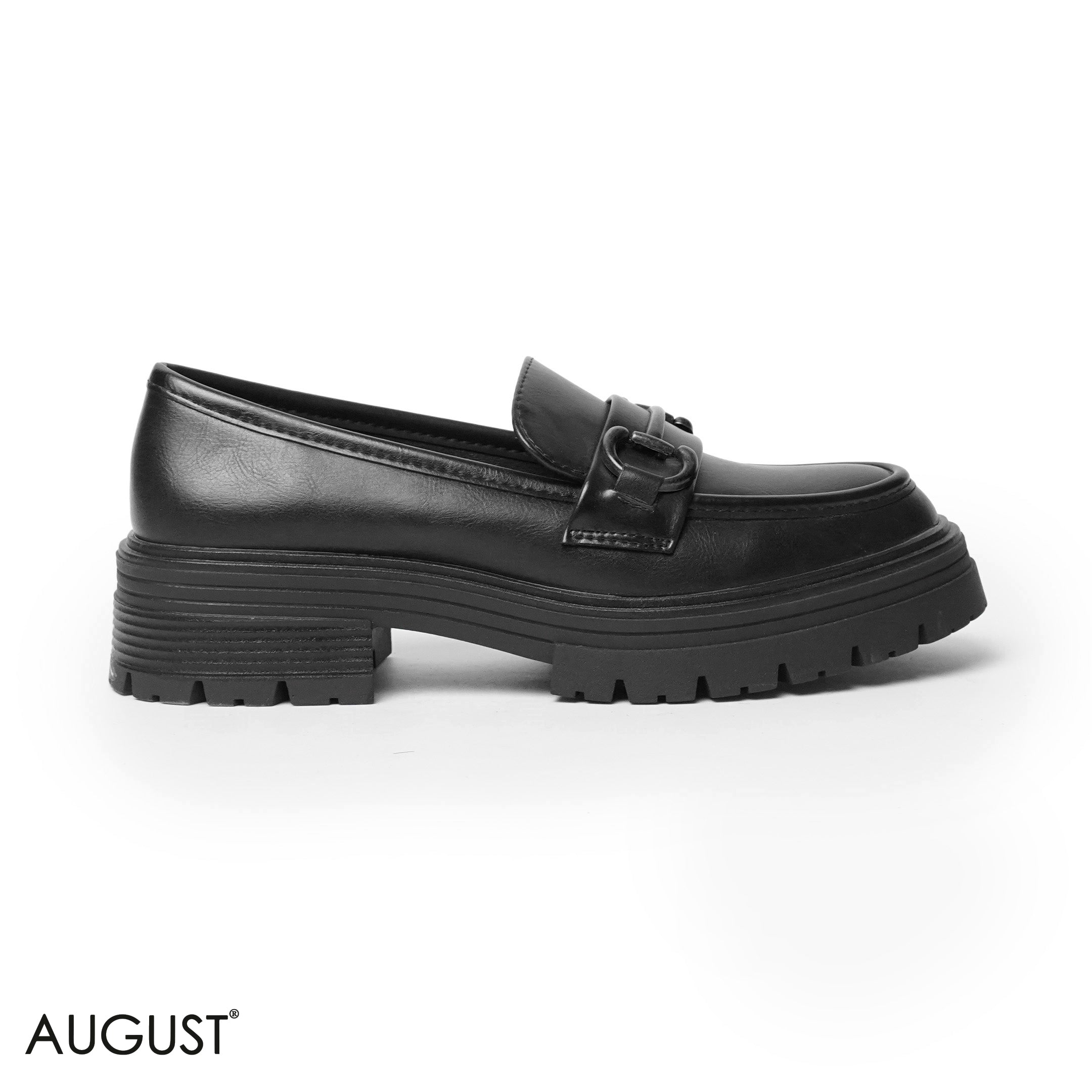 BLACK LEATHER LOAFERS WITH METAL CHAIN