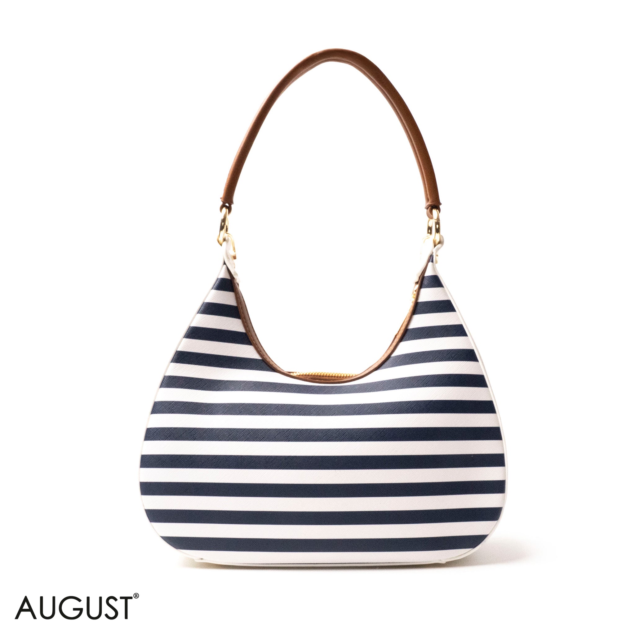 MODERN STRIPPED NAVY LEATHER HANDBAG WITH METAL CHAIN - MED