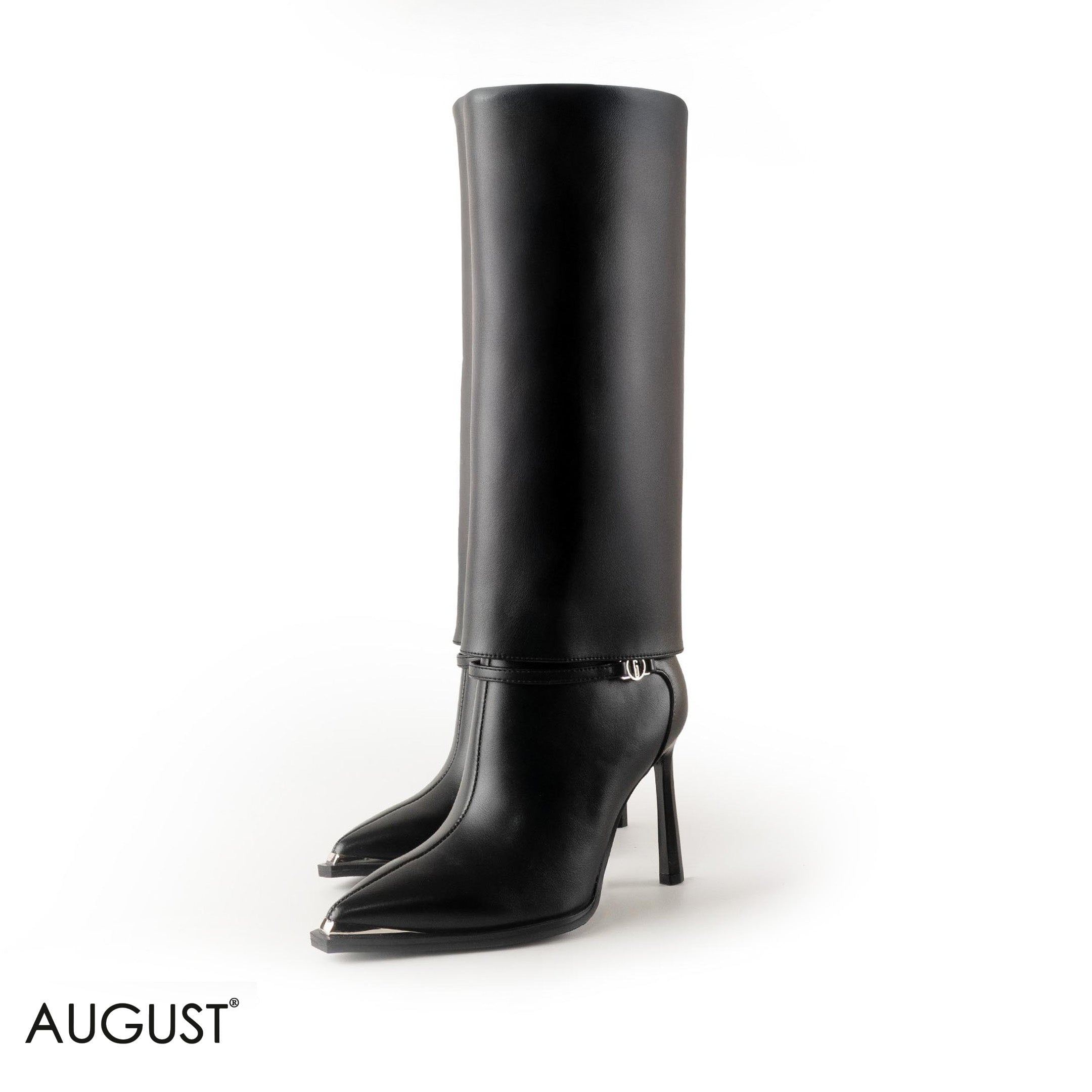 BLACK LEATHER STILETTOS HEELED BOOTS WITH BUCKLE DETAIL