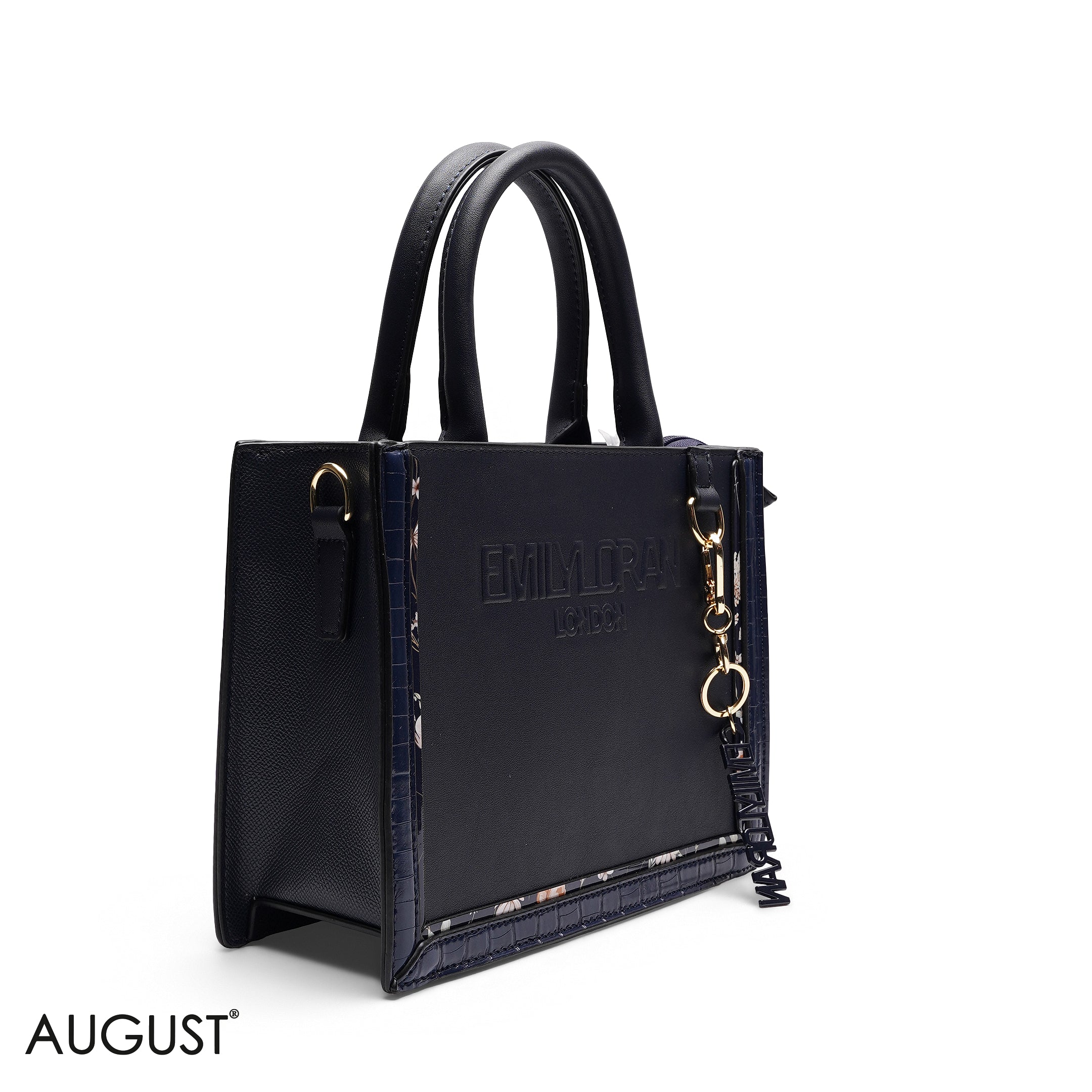 NAVY BLUEE EMBOSSED LOGO SQUARE TOP HANDLE BAG