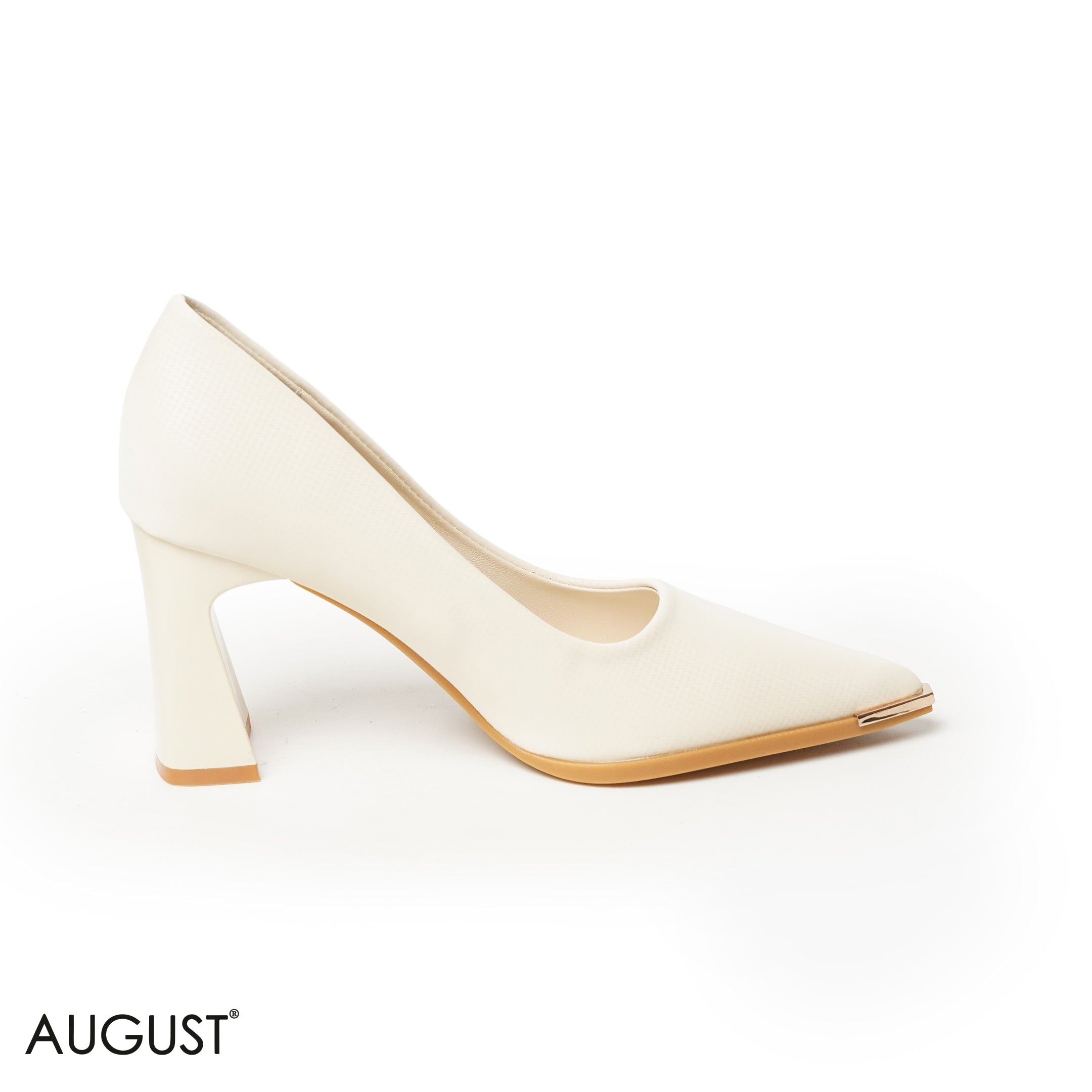 BEIGE LEATHER MED-HEELS SHOES WITH WITH GOLD POINTED TOE