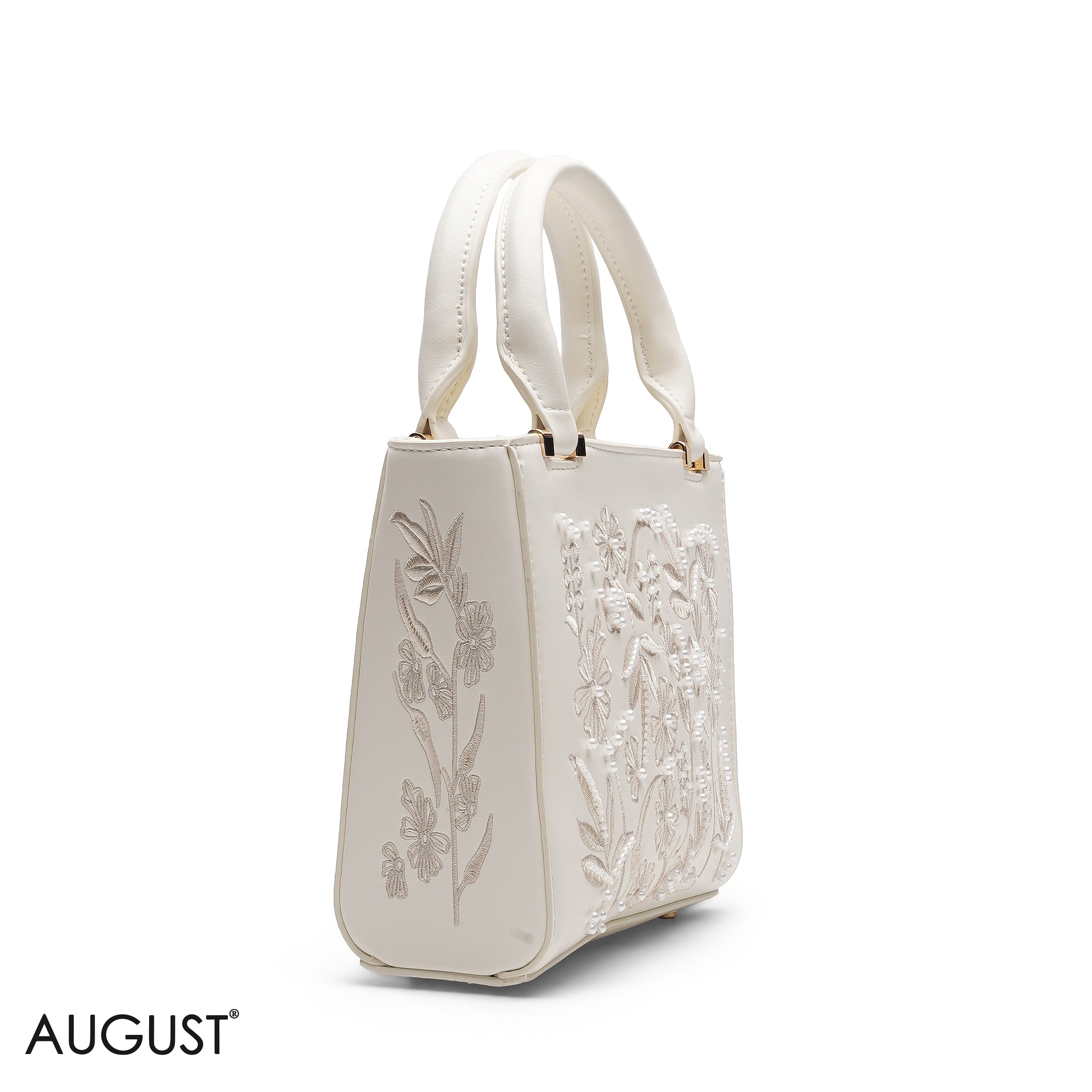WHITE FLORAL PEARL EMBROIDERED TOTE BAG
