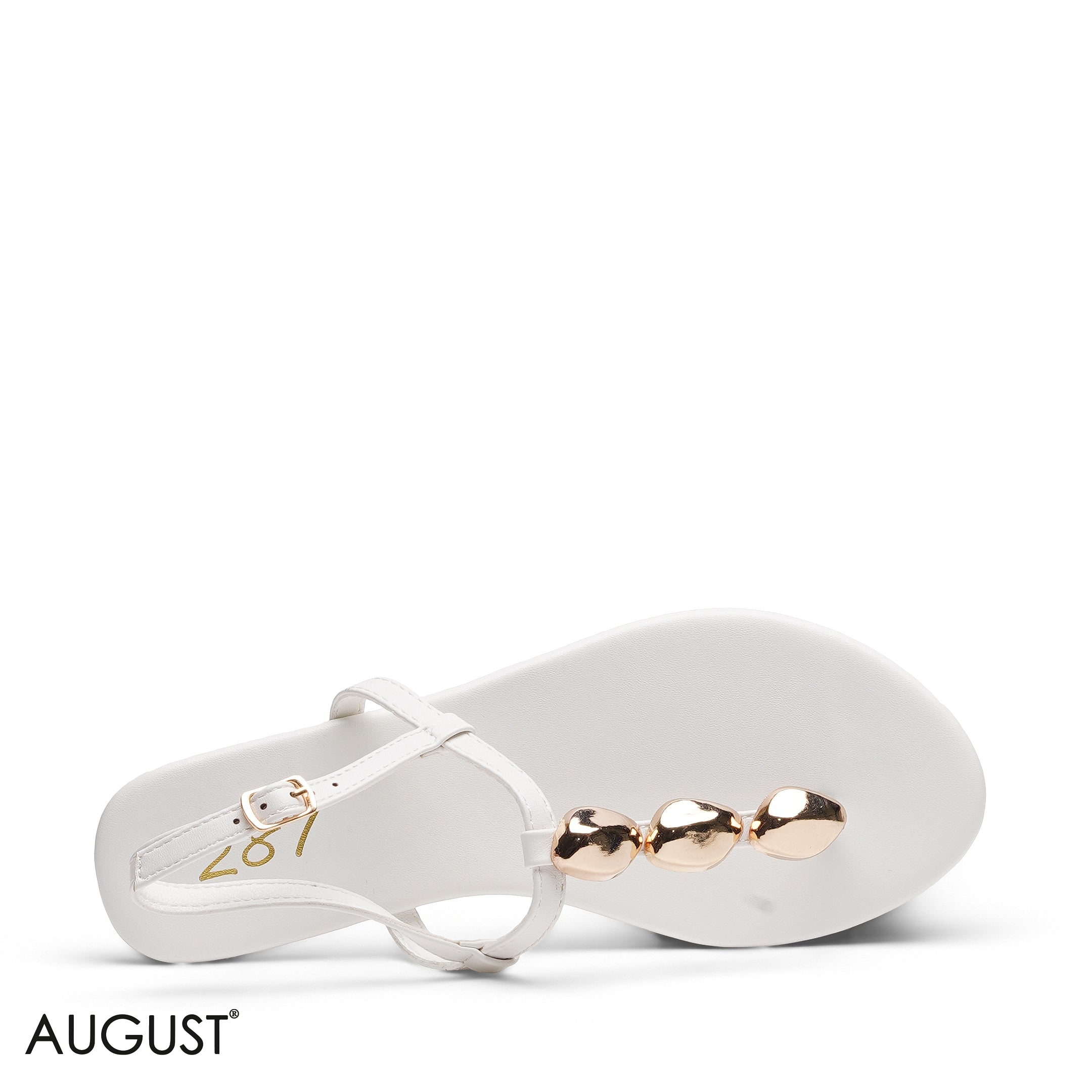 WHITE ANKLE STRAP SANDAL WITH METALLIC ACCENTS