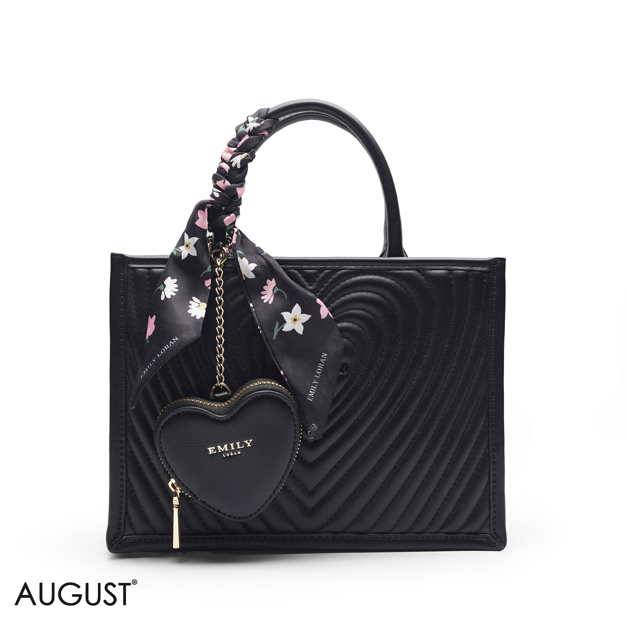 HEART QUILTED FLORAL SCARF BLACK TOTE BAG