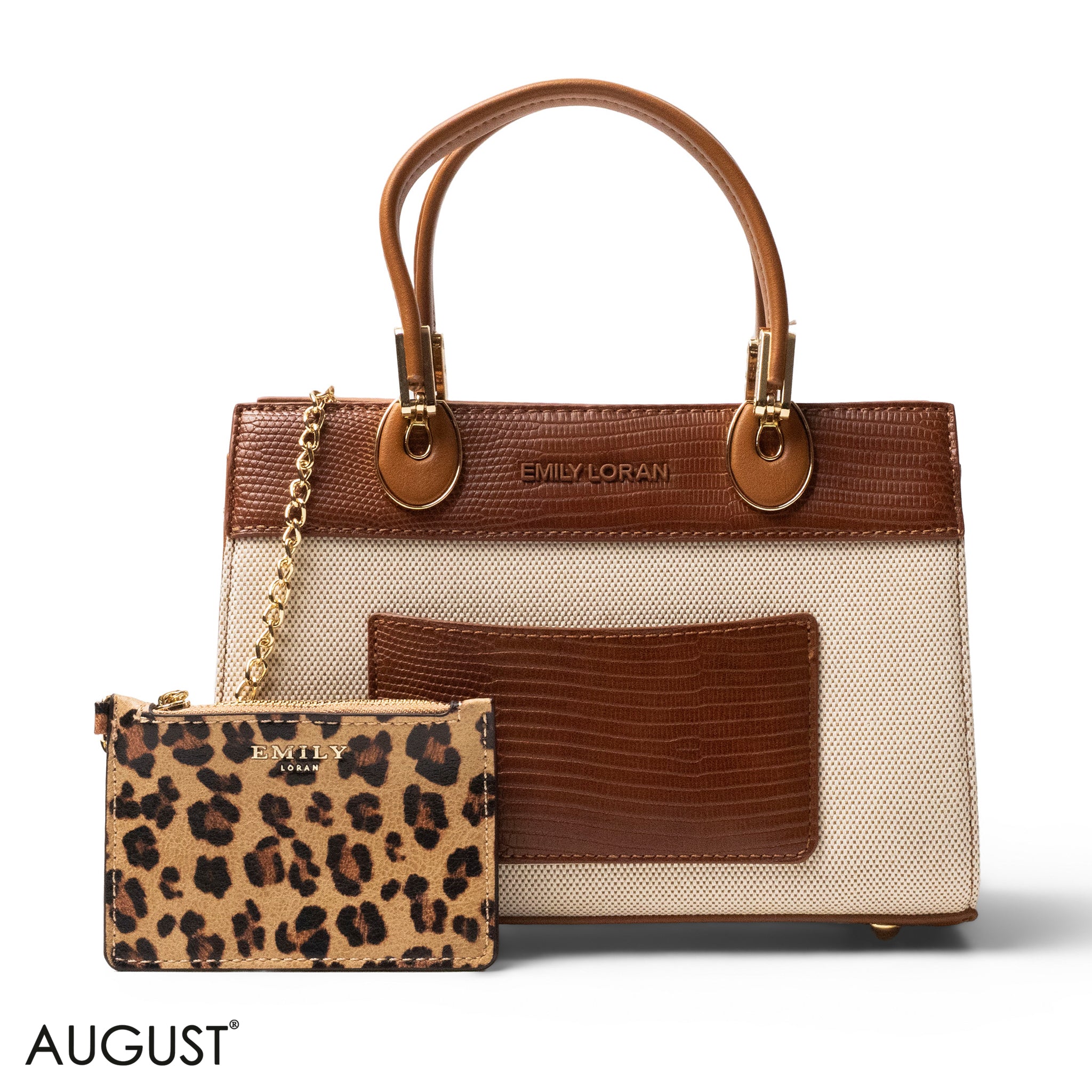 BROWN LEATHER SMOOTH HANDBAG WITH CROC DETAILS-SMALL