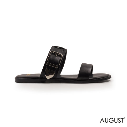 LEATHER BLACK FLAT SLIPPER  WITH SILVER BUCKLE