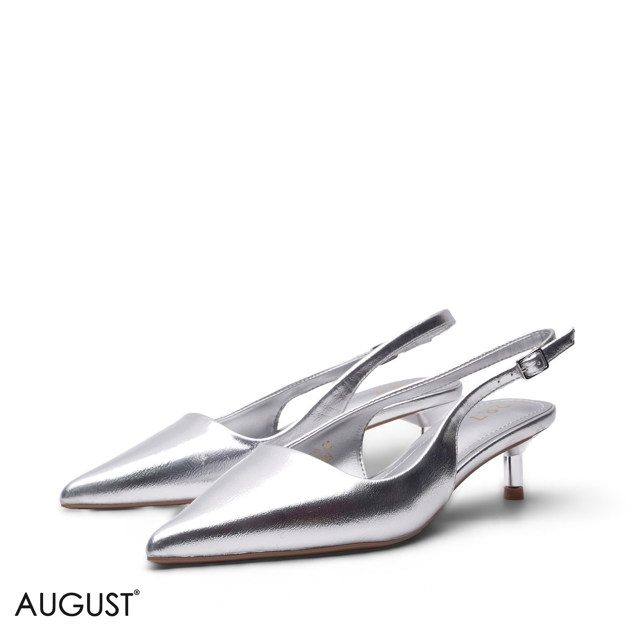 METALLIC SILVER KITTEN HEEL SLINGBACK
