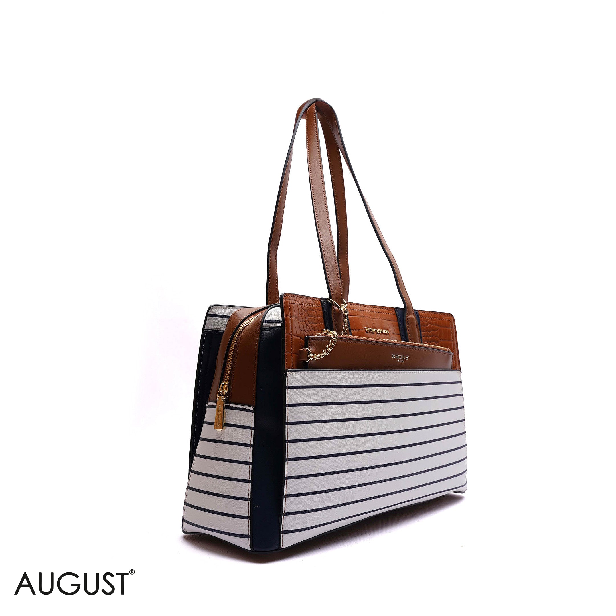 STRIPPED HANDBAG WITH POUCH - LARGE