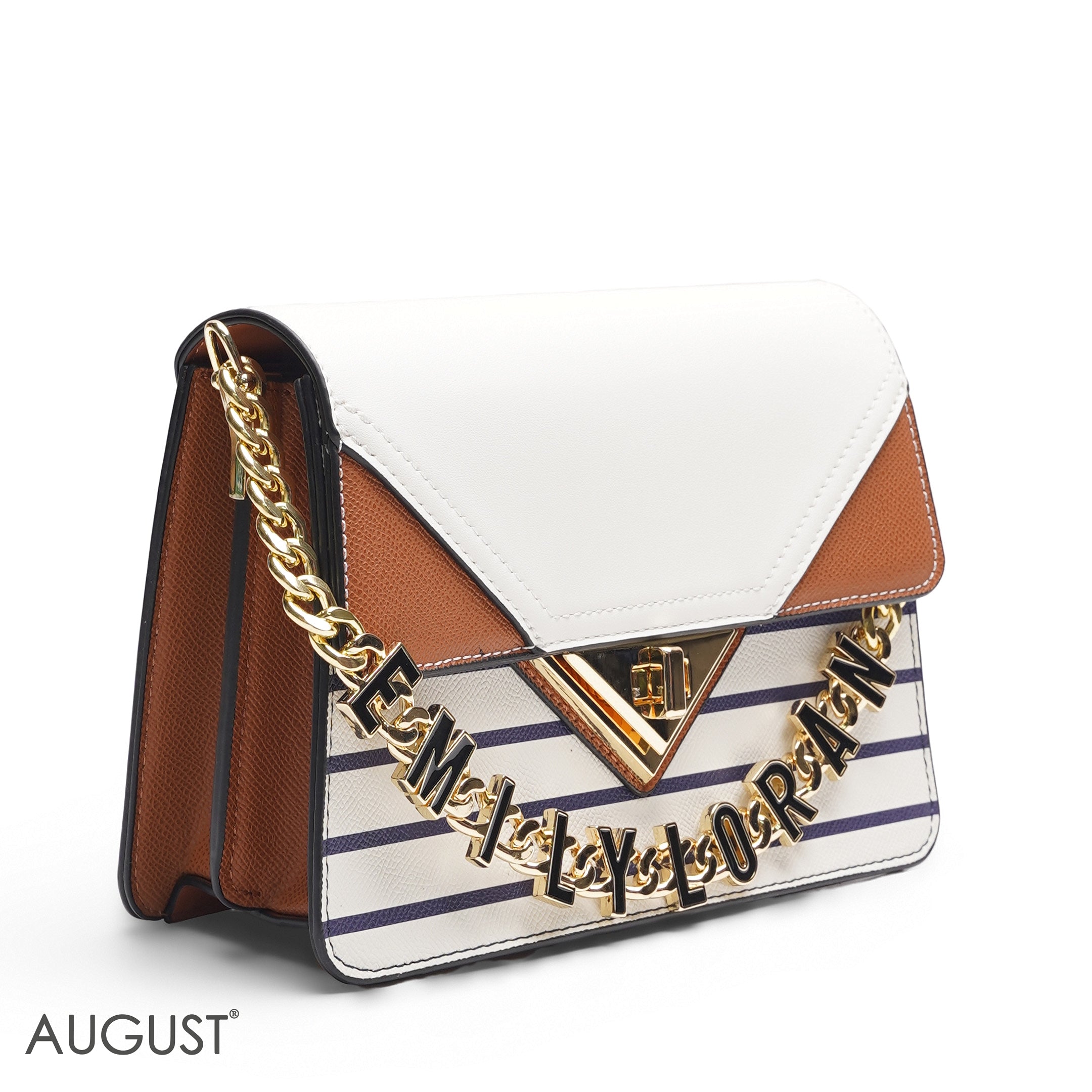 EMILY LORAN STRIPED NAVY & TAN ENVELOPE BAG - MED