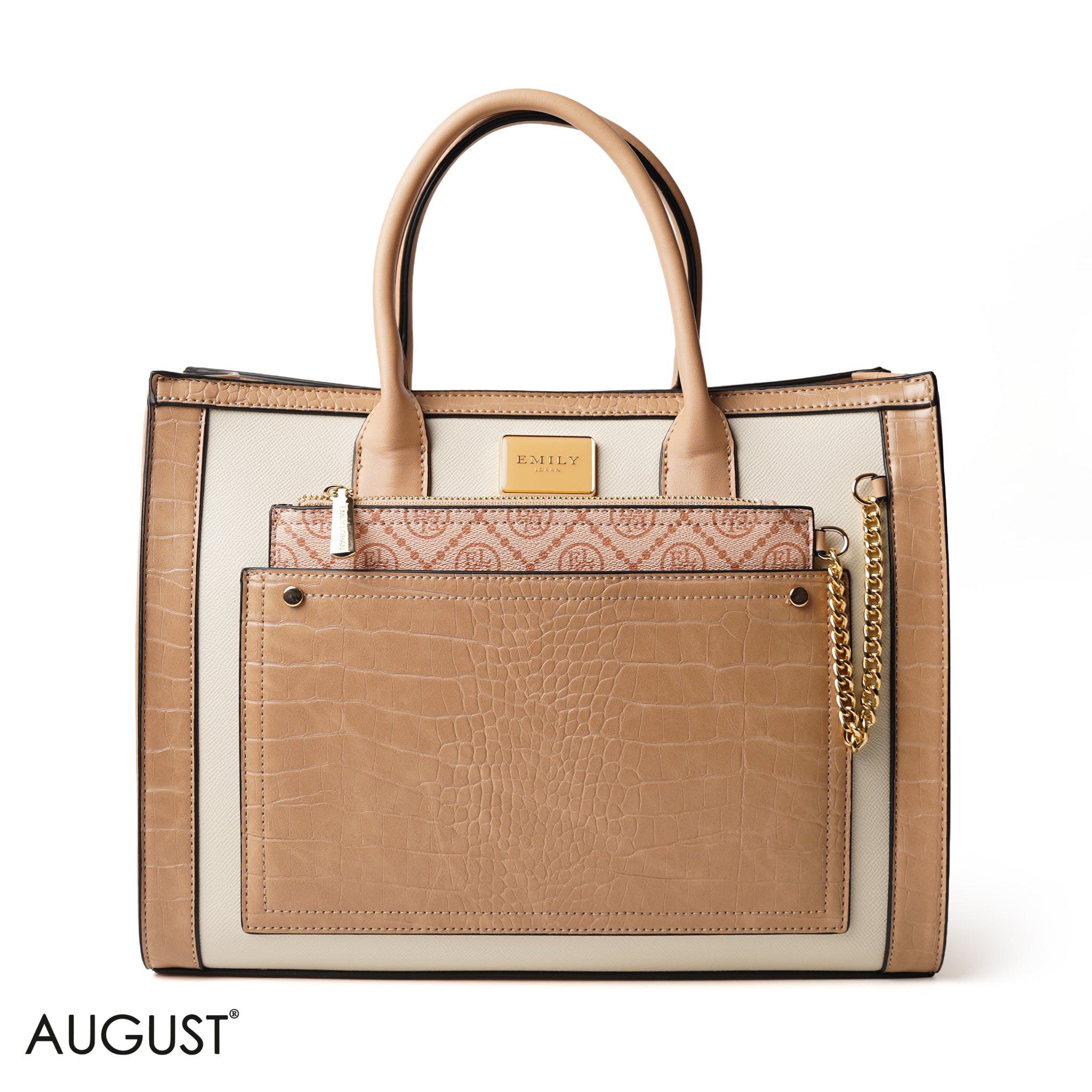 BEIGE HANDBAG WITH CROCODILE PRINT - LARGE