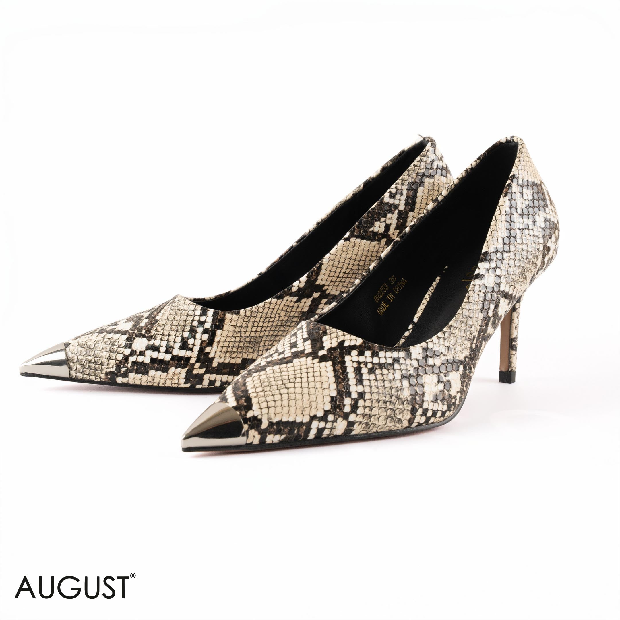 SNAKE LEATHER MED- HEEL SHOES METALLIC POINTED TOE