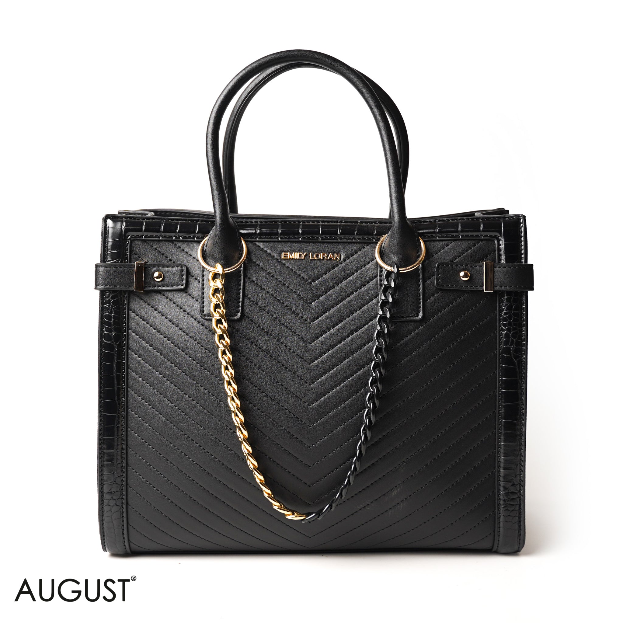 BLACK SQUARED HAND BAG WITH SIMPLE BUFF DETAIL - LARGE