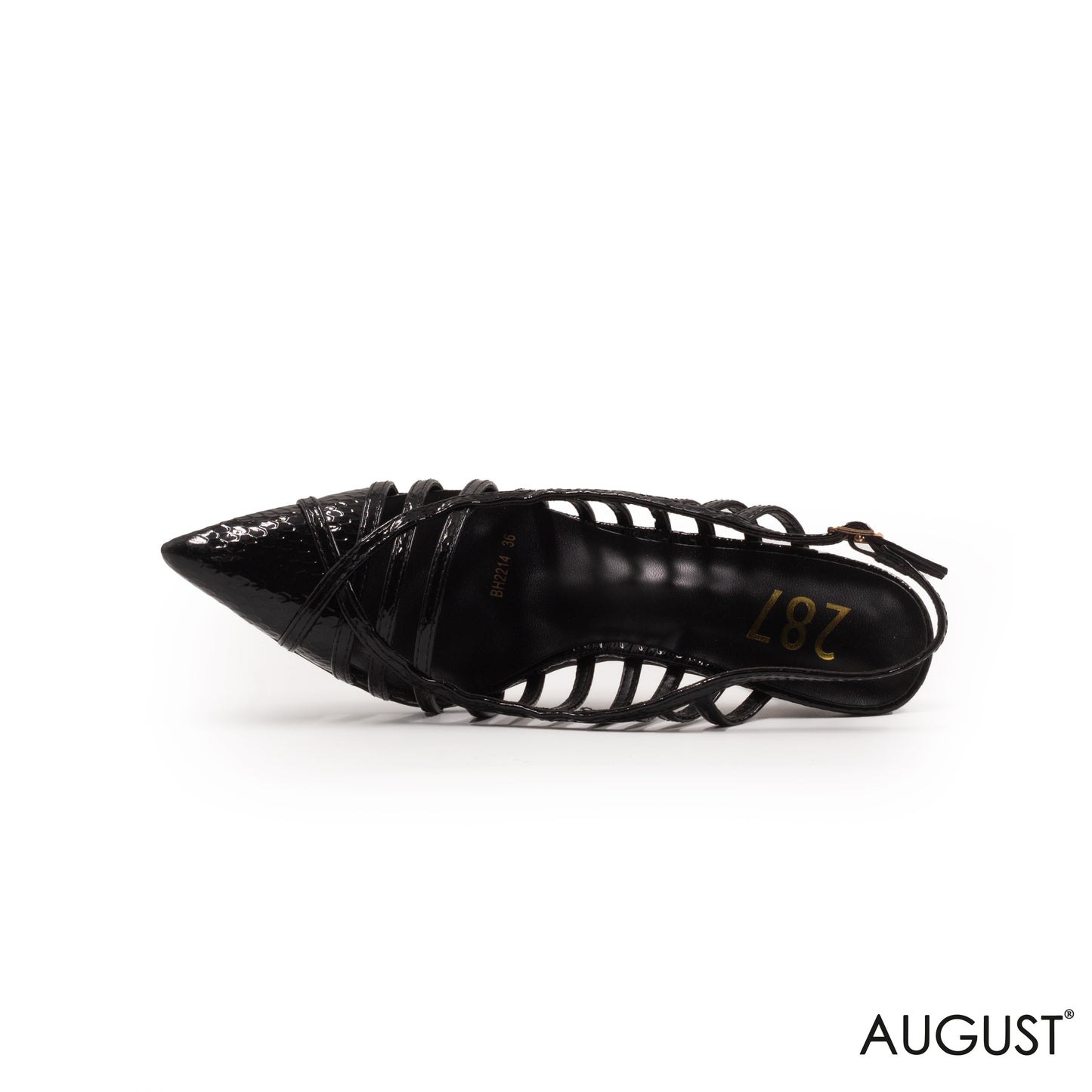 BLACK SHINY LEATHER HEEL SHOES WITH CUT-OUT STRAPS