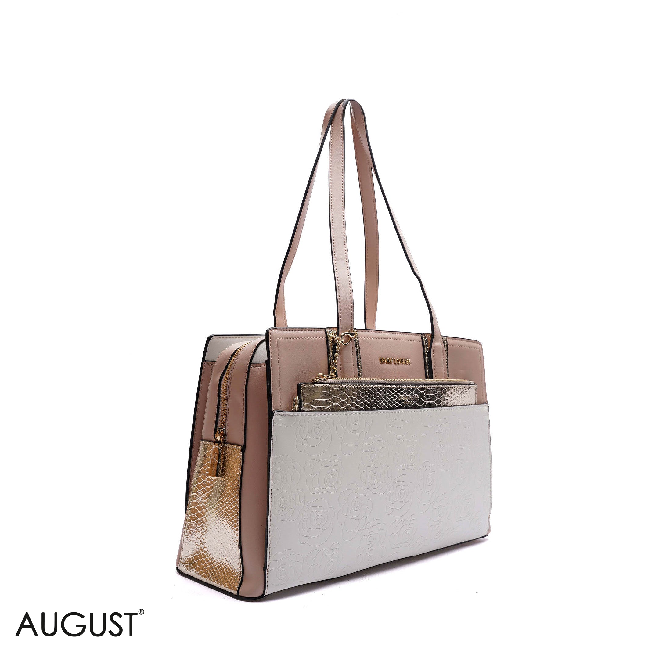 EMBOSSED FLORAL HANDBAG WITH SNAKESKIN POUCH