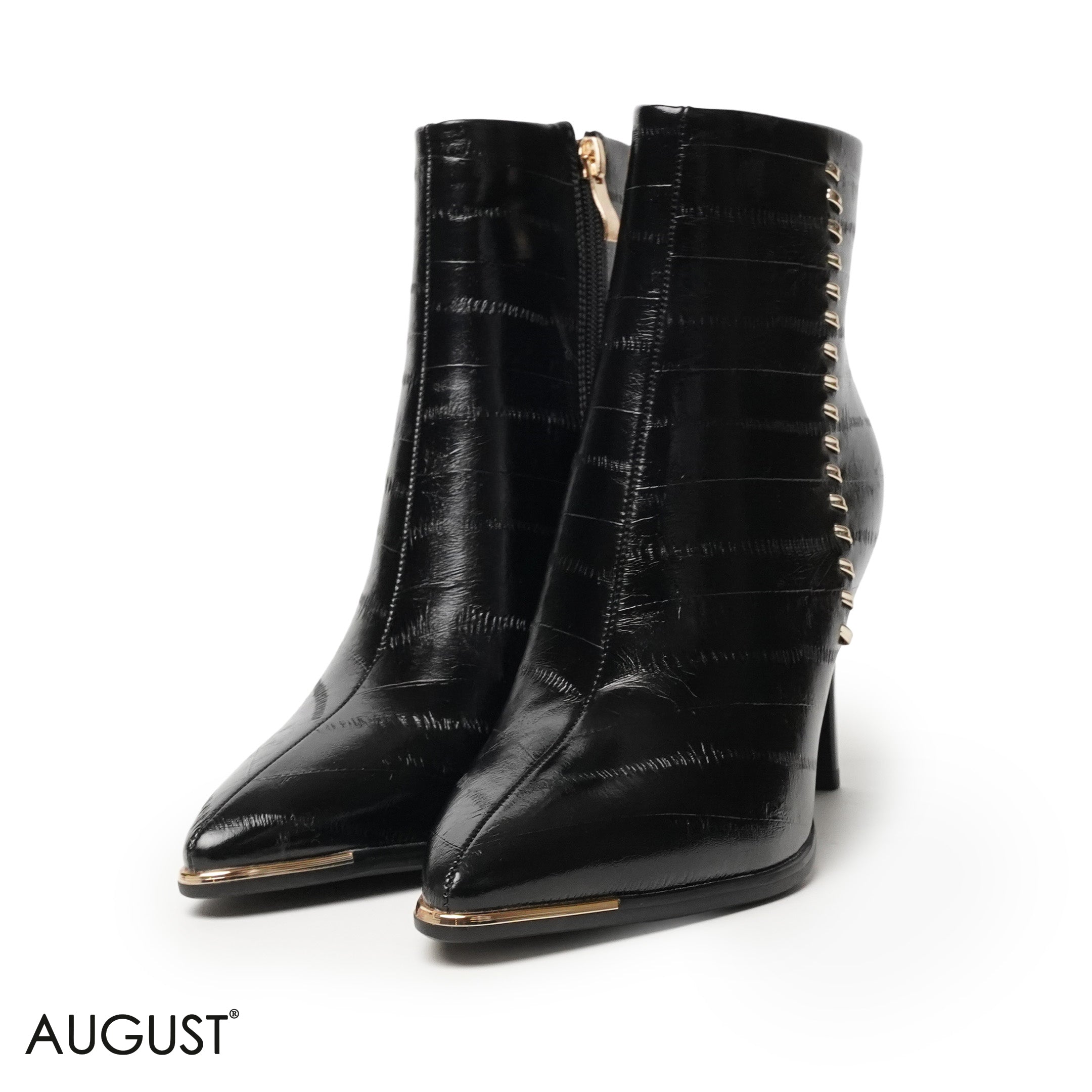 SHINY LEATHER HEELED BOOTS WITH METALLIC ACCENTS